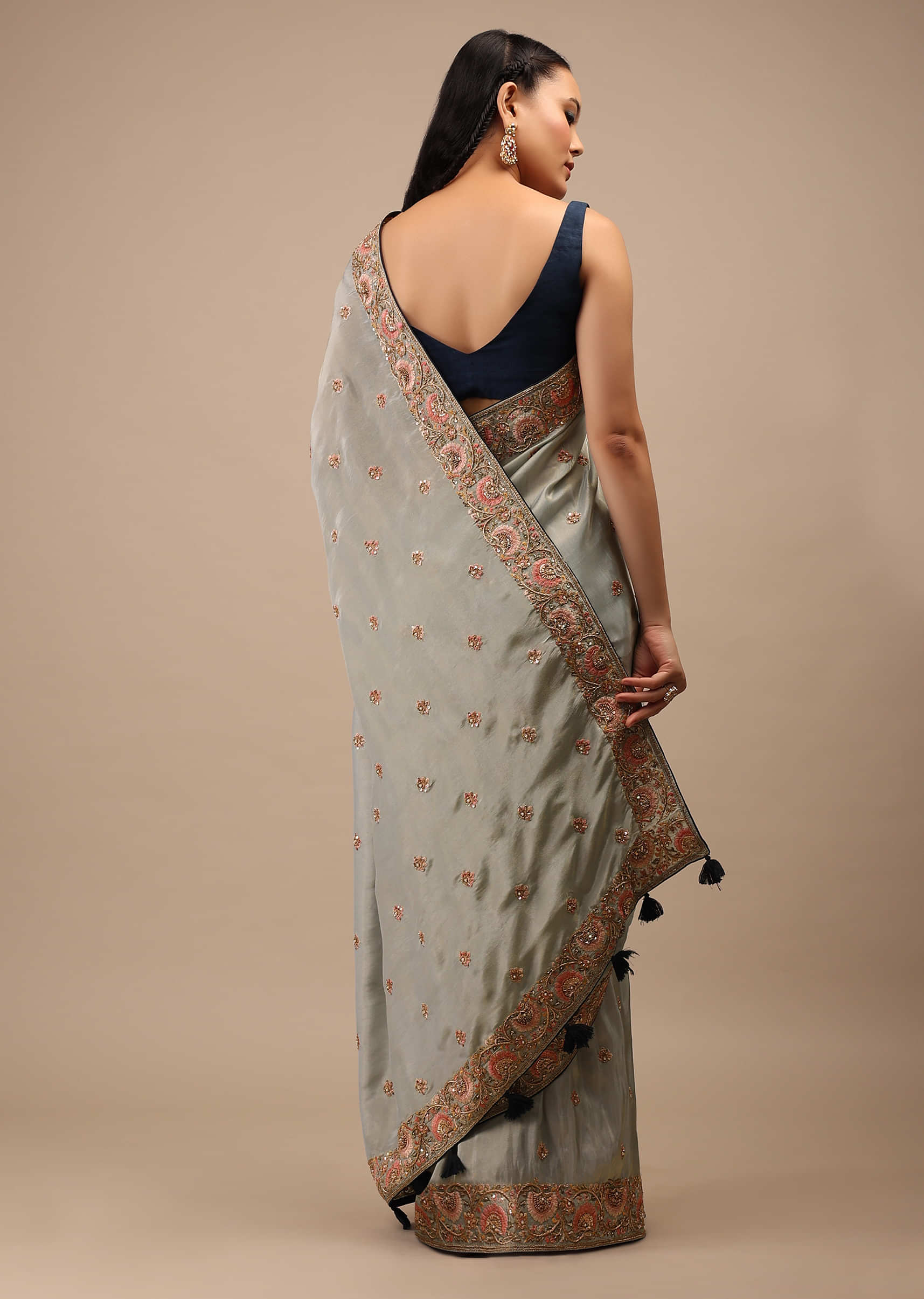 Sky Grey Tissue Saree In Resham Work And Moti Embroidery Floral Buttis, Floral Motifs Embroidery On The Border 