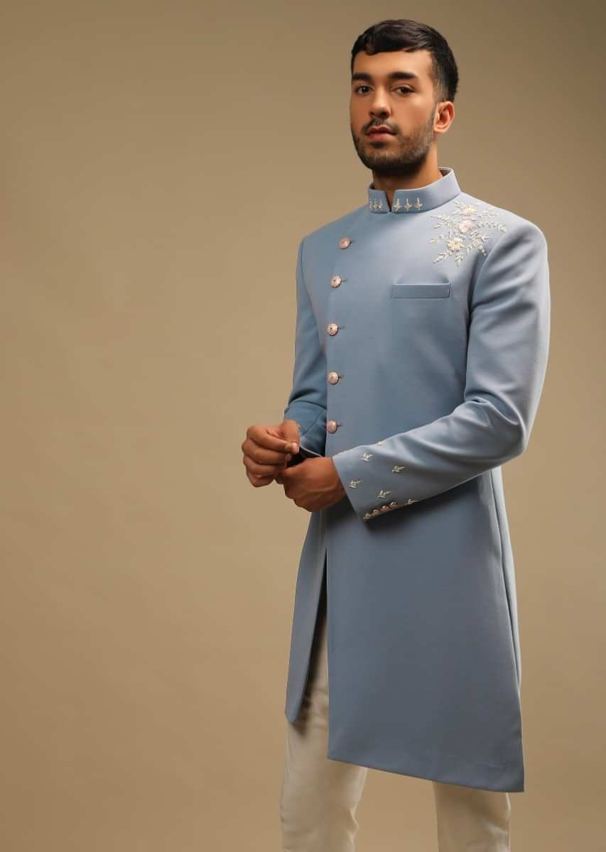 Skyway Blue Sherwani Set With Zardosi And Sequins Embroidered Floral Motifs And Off Centre Placket  
