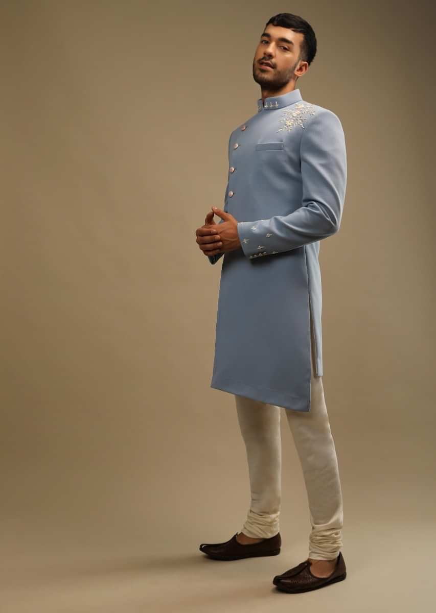 Skyway Blue Sherwani Set With Zardosi And Sequins Embroidered Floral Motifs And Off Centre Placket  