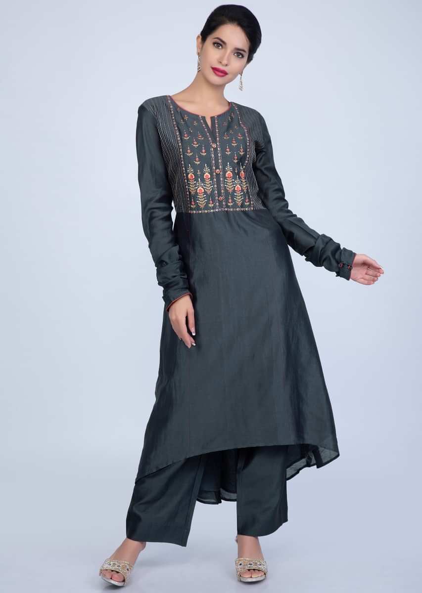 Buy Slate Grey Suit With Embroidery Work Teamed With Matching Pant And ...