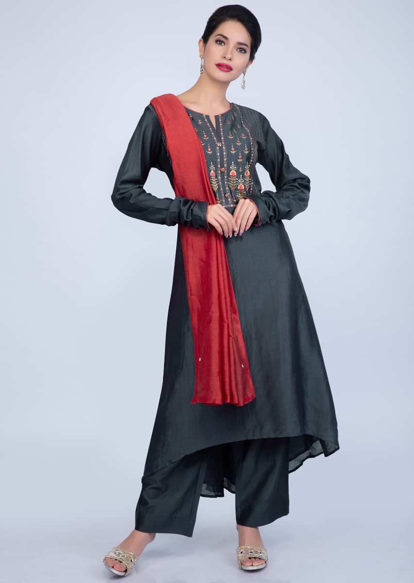 Slate Grey Suit With Embroidery Work Teamed With Matching Pant And Contrasting Red Dupatta Online - Kalki Fashion
