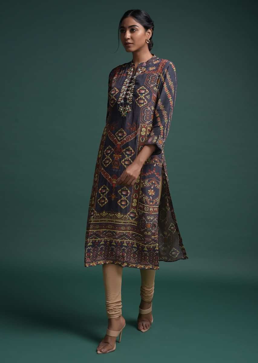 Buy Slate Grey Kurti In Crepe With Print And Floral Embroidered Placket ...