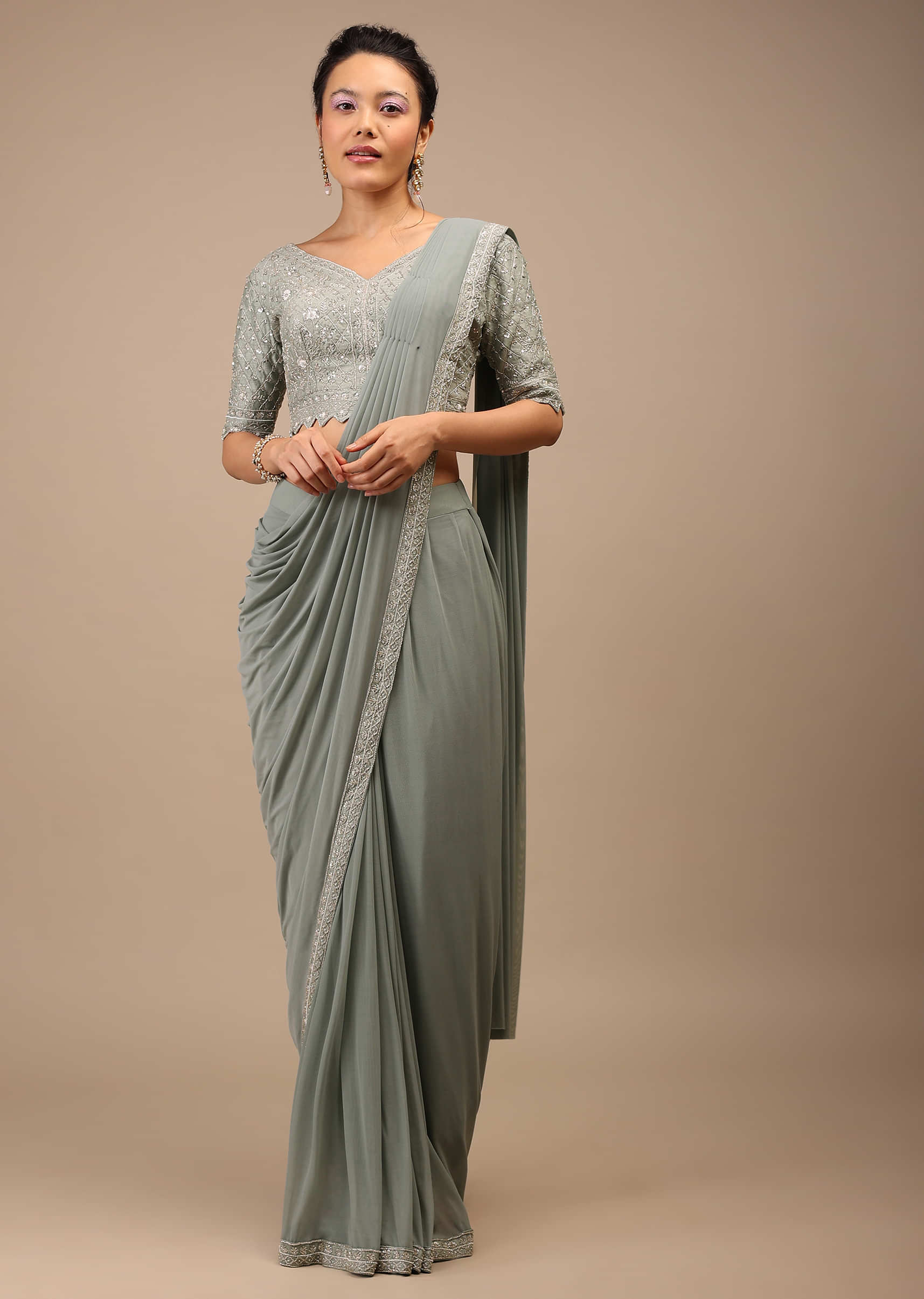 Slate Grey Lycra Blend Saree Finished In A Moroccan Jaal  With Sequins Work And Cut Dana Floral Detailing 