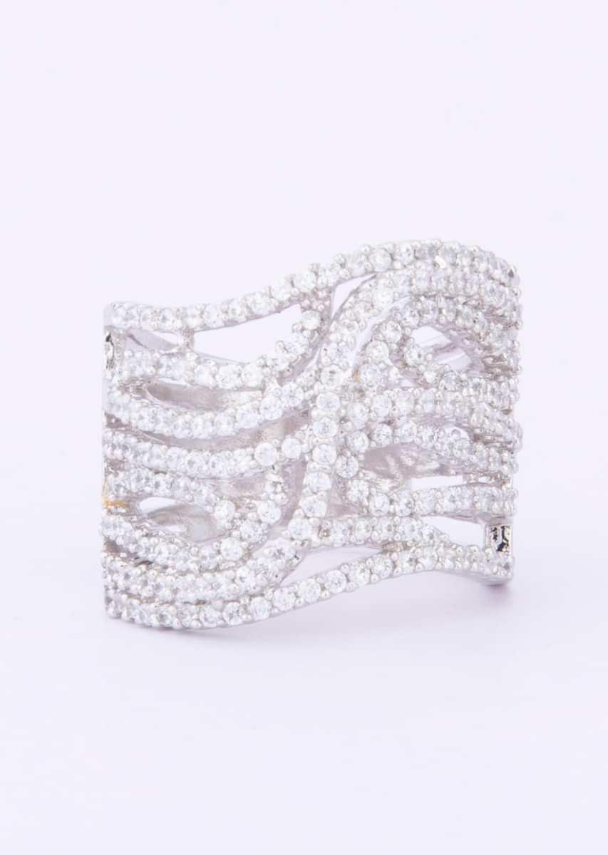 Sliver plated ring with curvy line studded in diamond only on Kalki