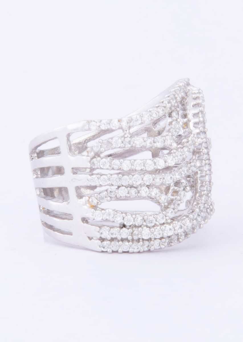 Sliver plated ring with curvy line studded in diamond only on Kalki