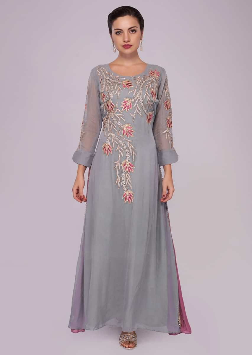 Smoke grey and pink flared kurti with resham and floral embroidery 