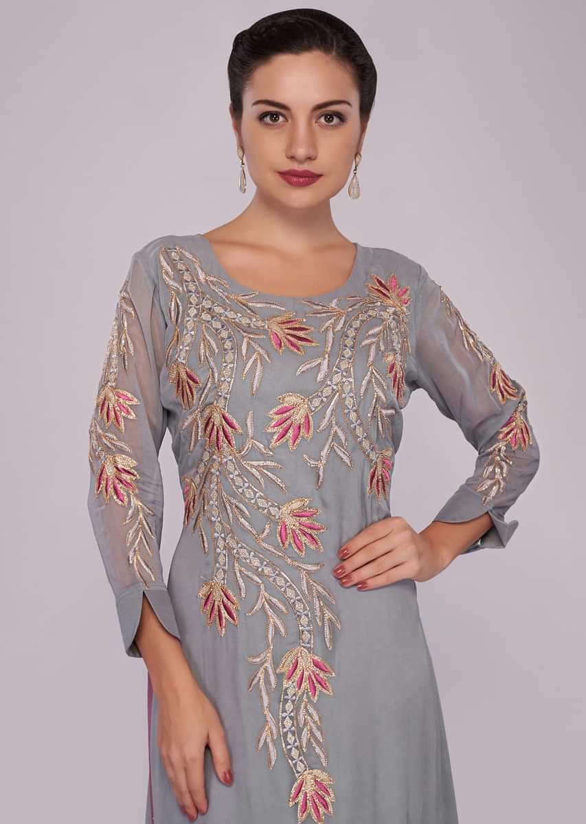 Smoke grey and pink flared kurti with resham and floral embroidery 
