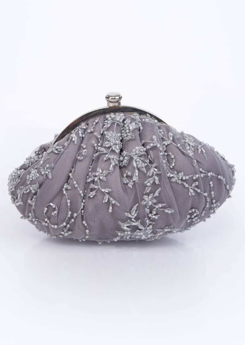 Smoke grey clutch designed in embroidered net jaal work only on Kalki