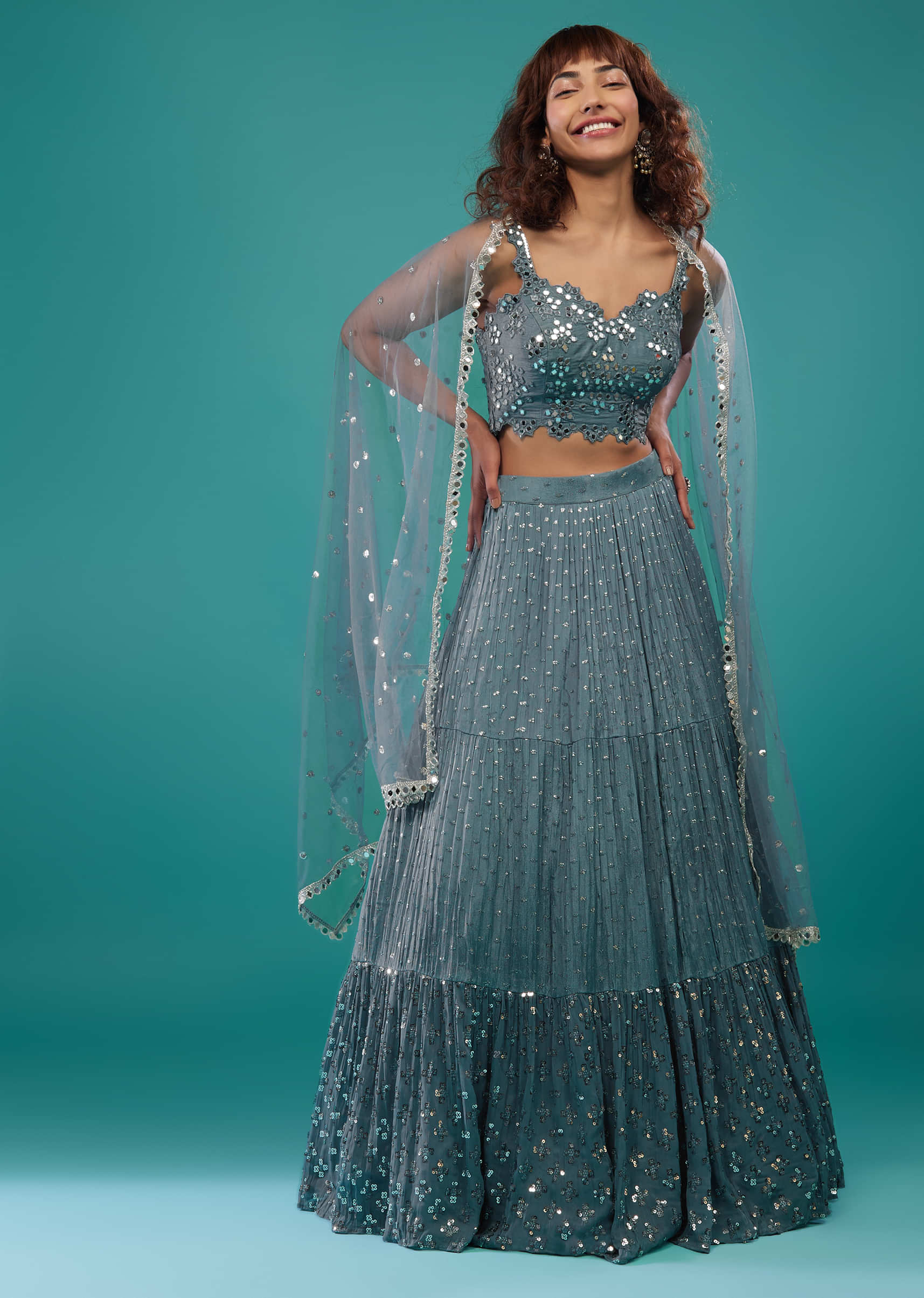 Airforce Blue Embroidered Lehenga Set In Chinon
