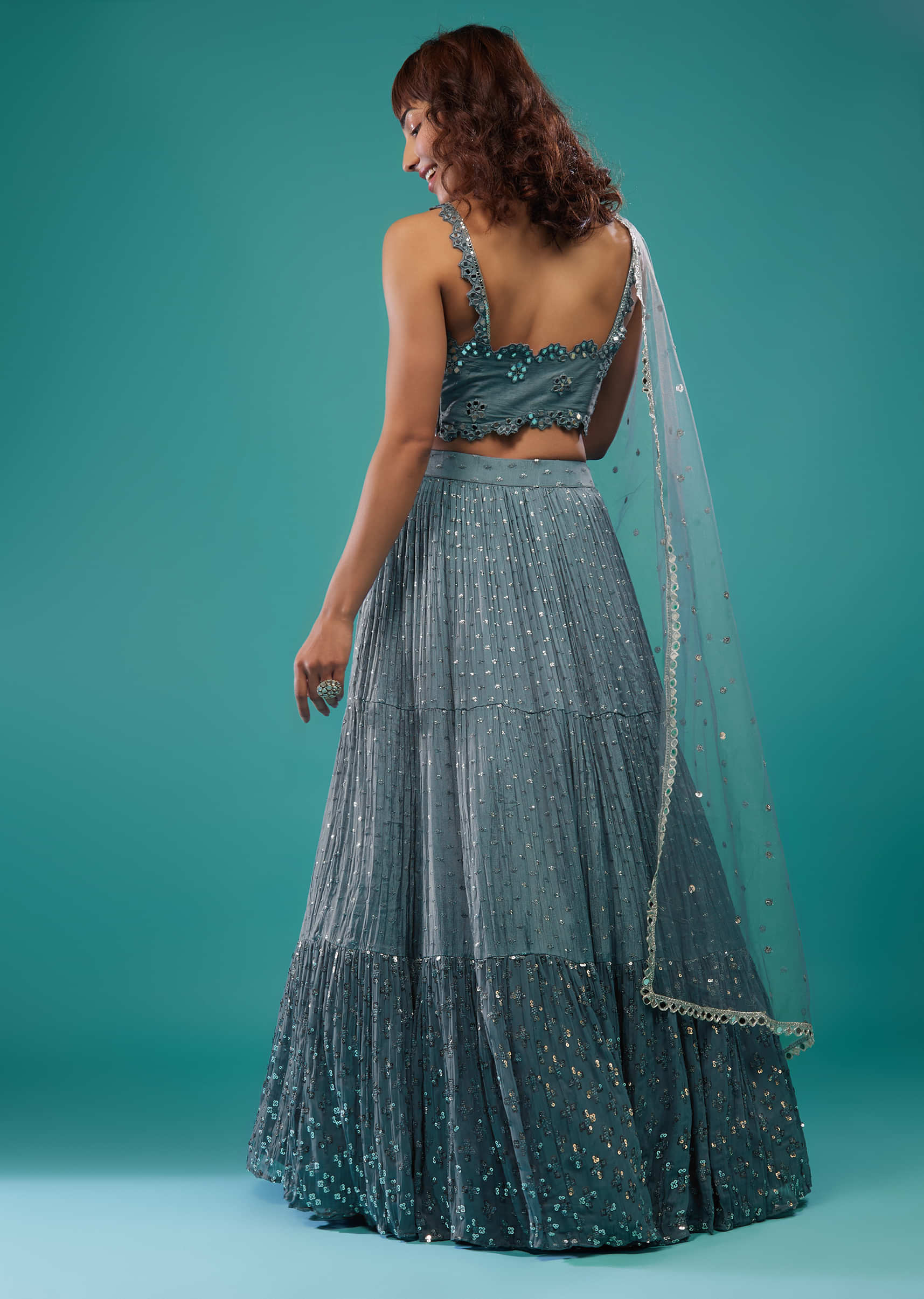 Airforce Blue Embroidered Lehenga Set In Chinon