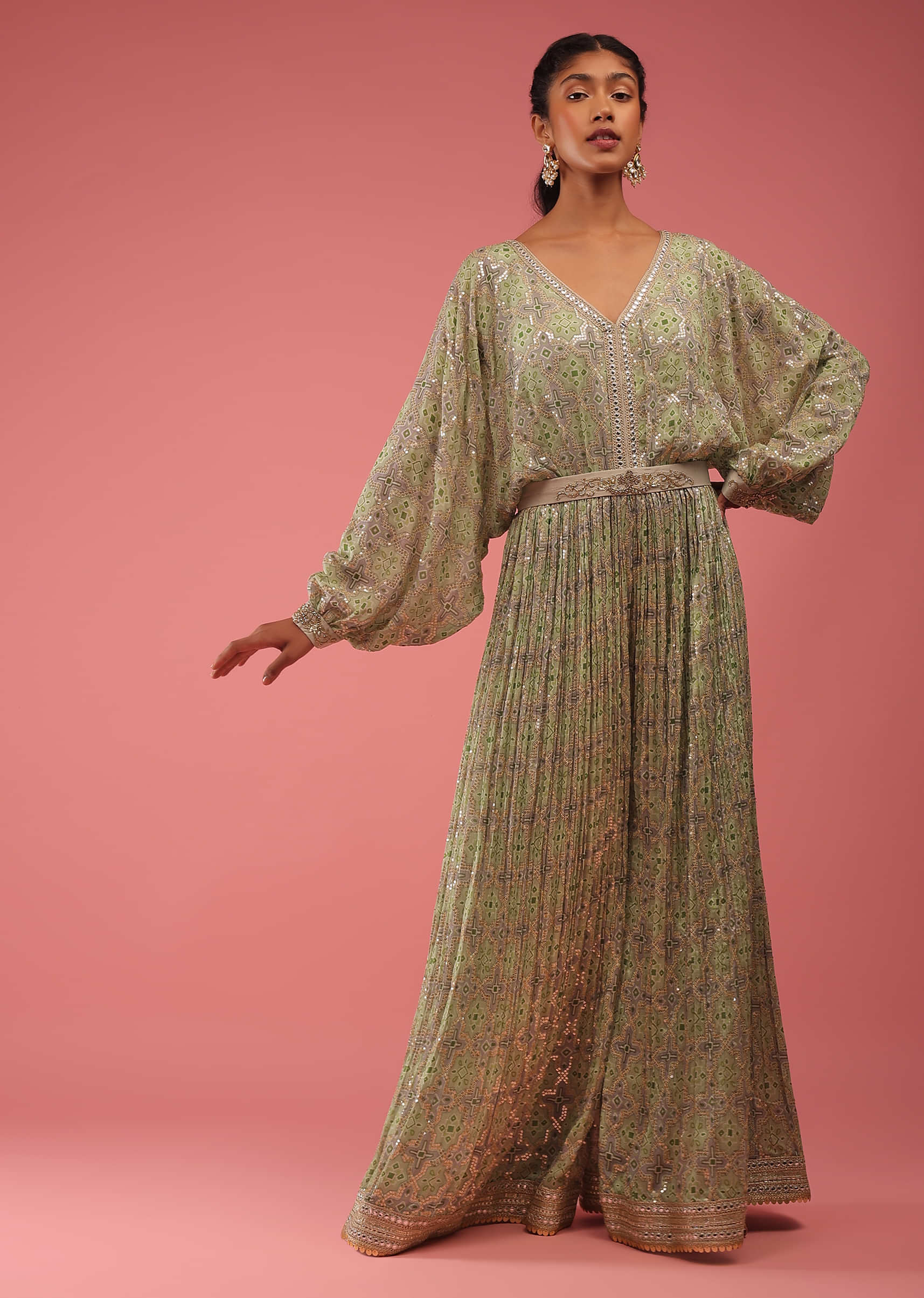 Smoke Green Jumpsuit In Seamless Print With Golden Zari Embroidery, It Is Crafted In Organza With Balloon Sleeves