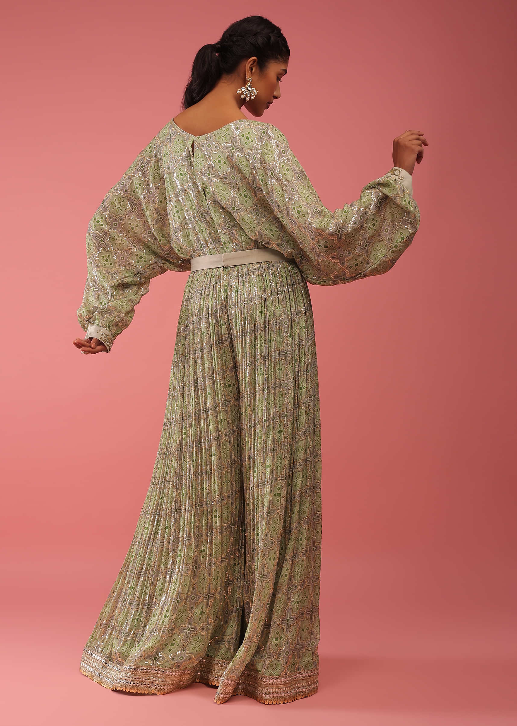 Smoke Green Jumpsuit In Seamless Print With Golden Zari Embroidery, It Is Crafted In Organza With Balloon Sleeves