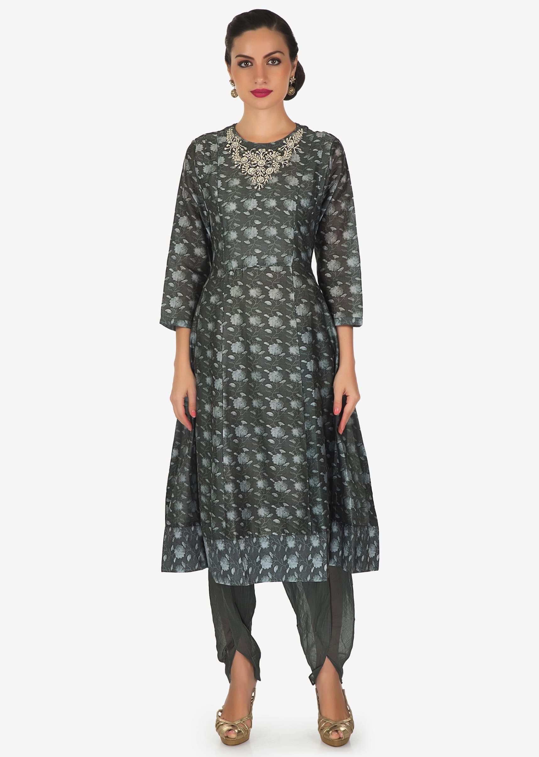 Smoke grey A line suit with embroidered neckline matched with overlapping pants only on Kalki