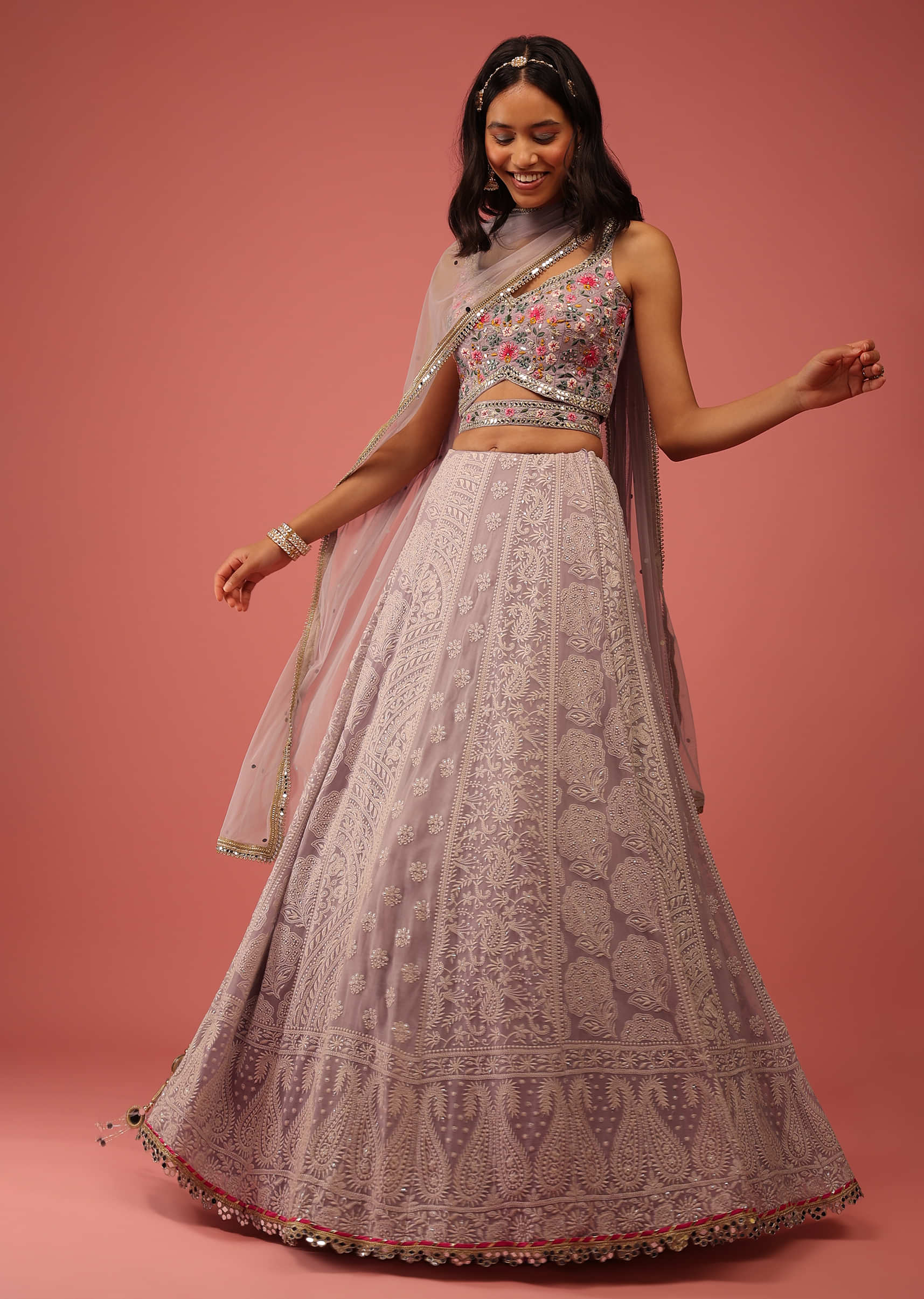 Smoke Lavender Lehenga Choli With Lucknowi Thread Work And multicolor Resham And Mirror Accents