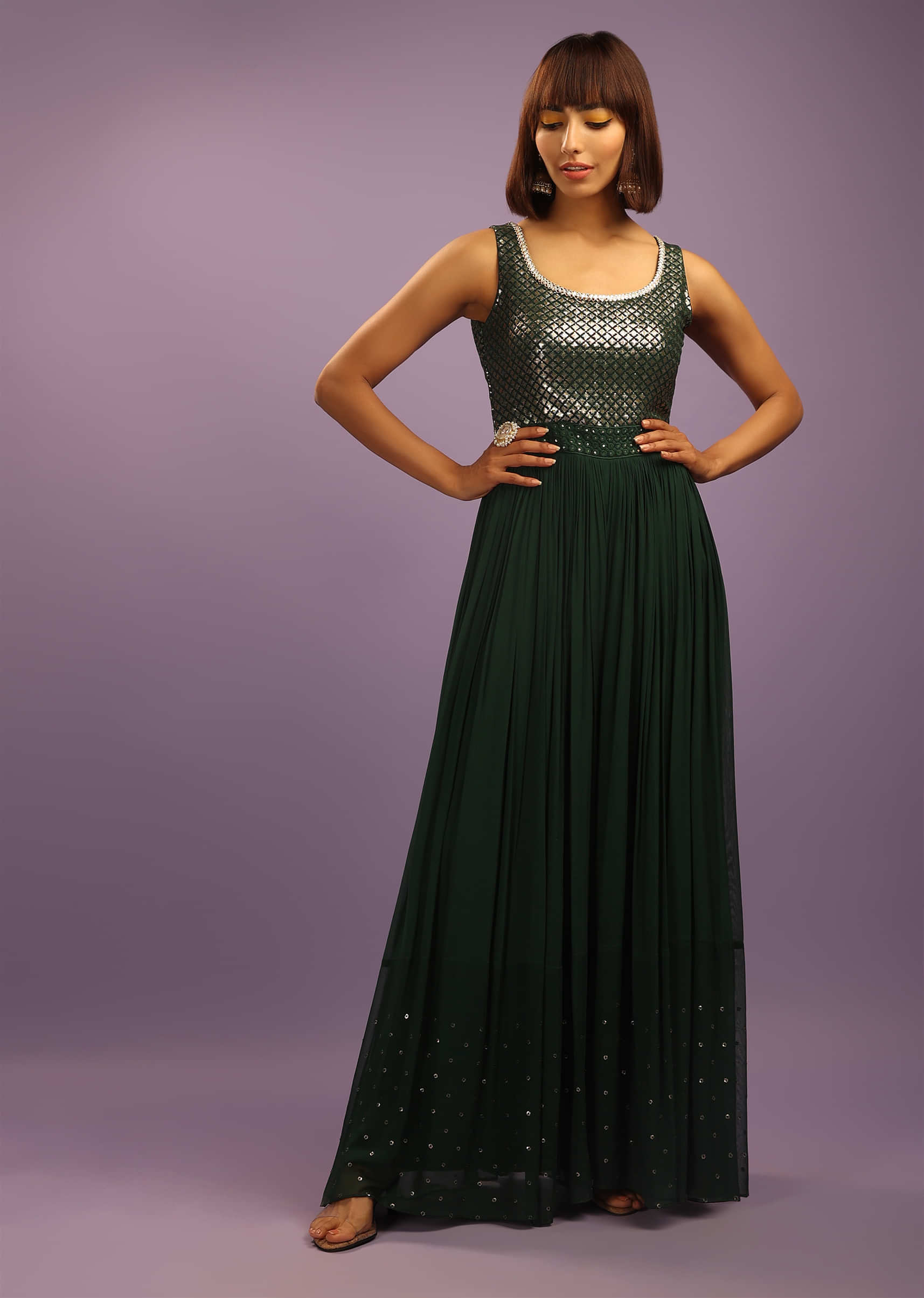 Smoke Pine Green Jumpsuit In Georgette With Sequins Embroidered Bodice  