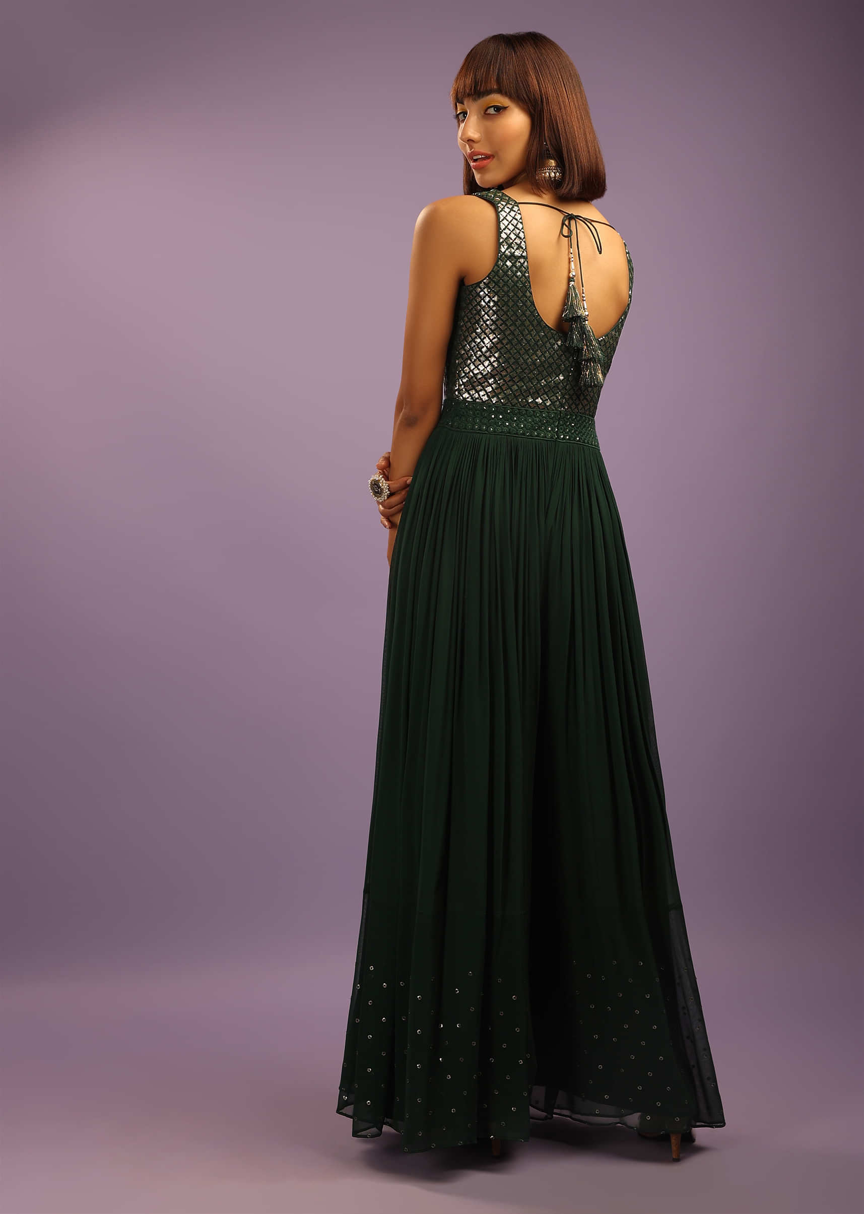Smoke Pine Green Jumpsuit In Georgette With Sequins Embroidered Bodice  