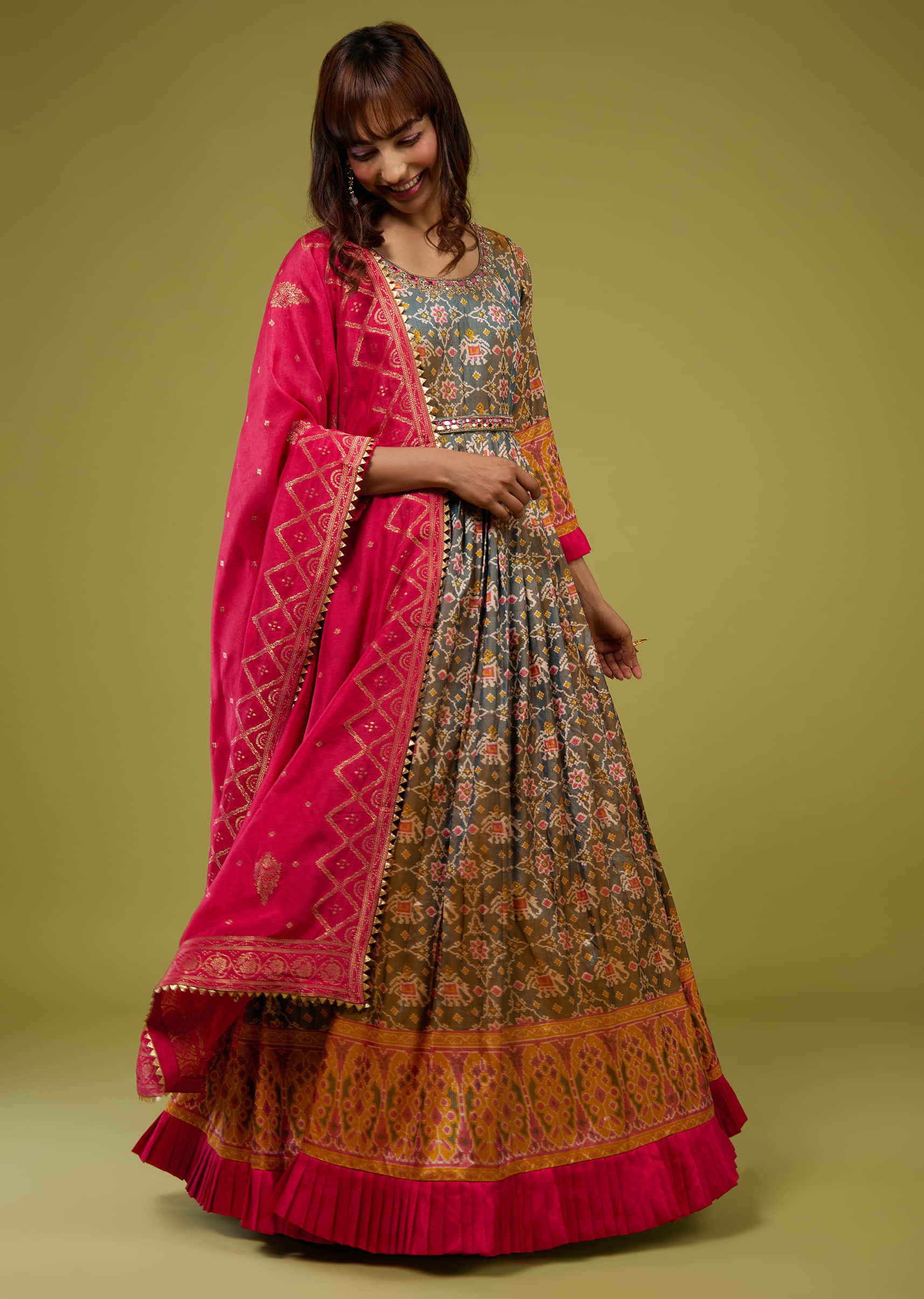 Forest Green With Ocher Yellow Patola Print Anarkali Set In Cotton Silk