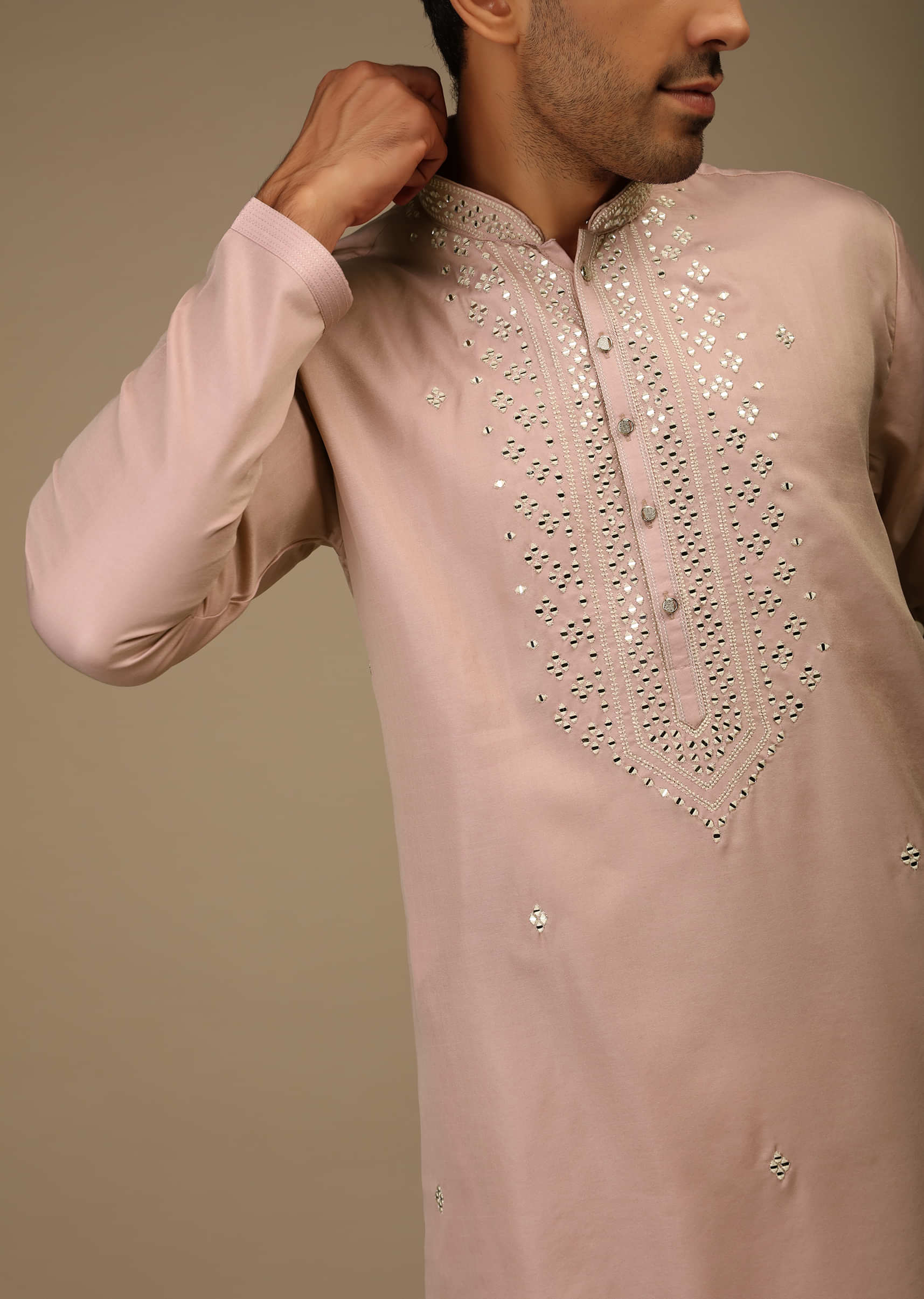 Smoke Pink Kurta Set In Silk With Resham And Mirror Abla Embroidered Yoke Design