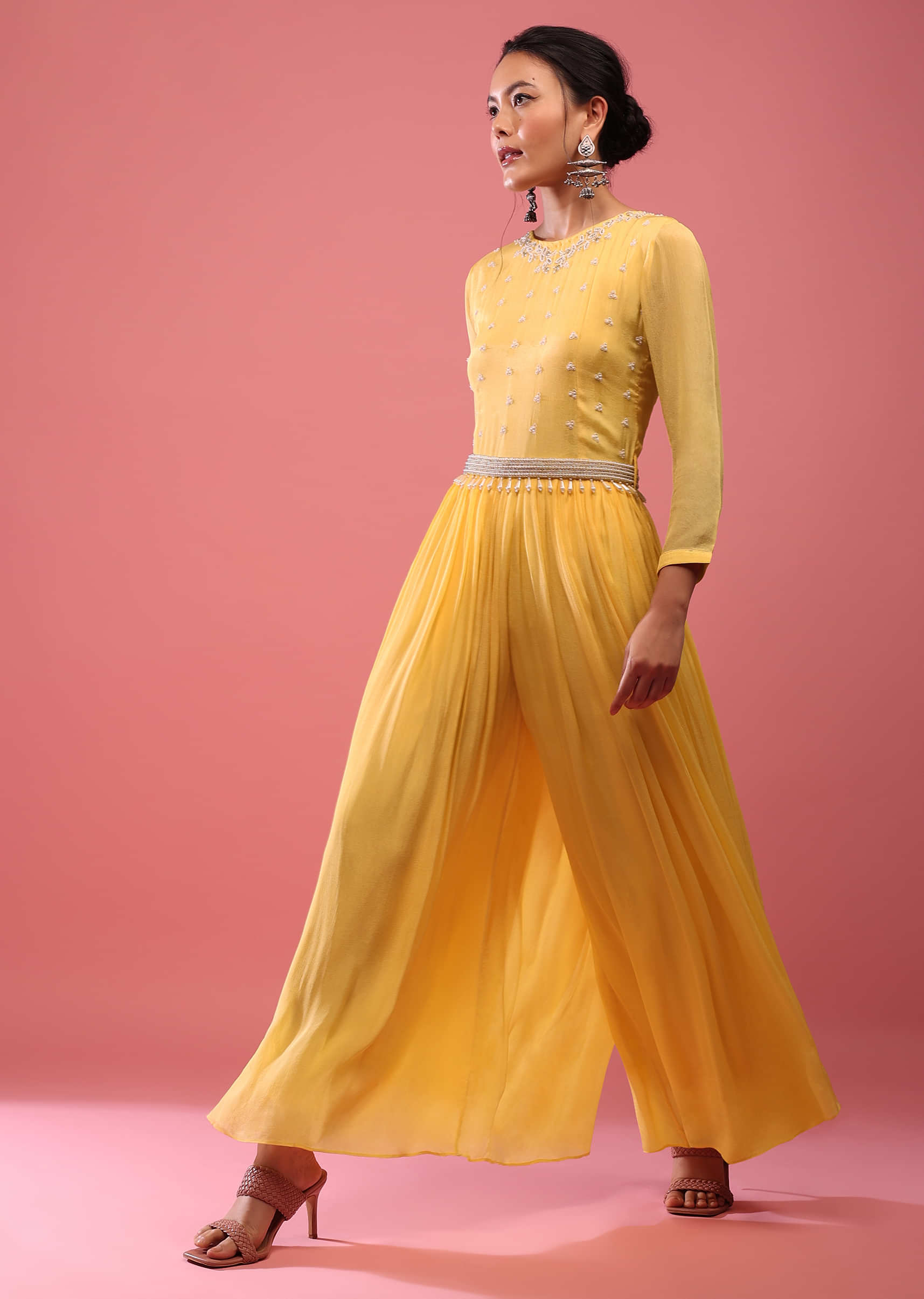 Cyber Yellow Jumpsuit In Chiffon With Full Sleeves And Embroidered Belt In Moti