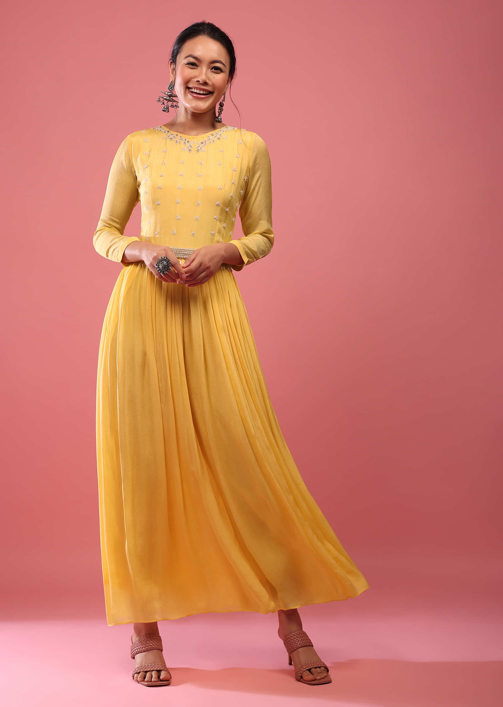Cyber Yellow Jumpsuit In Chiffon With Full Sleeves And Embroidered Belt In Moti