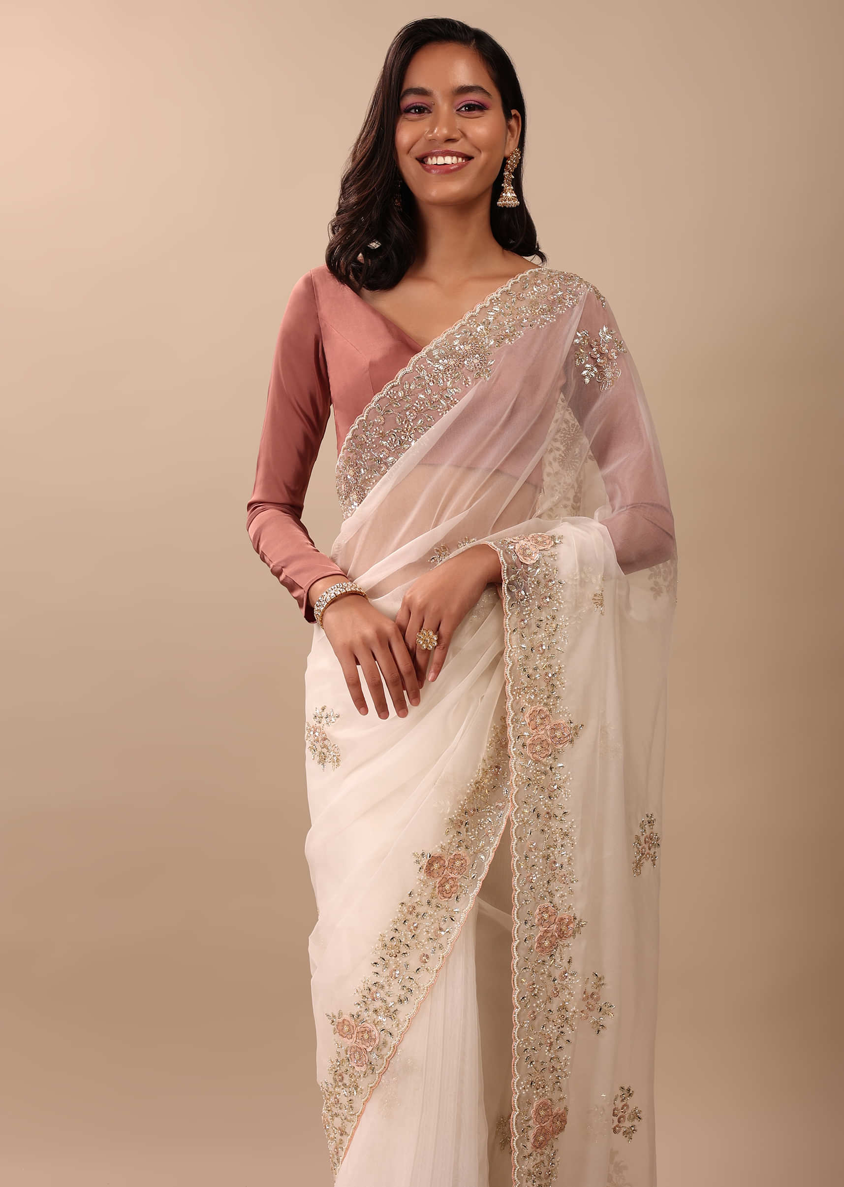 Daisy White Saree In Organza With 3D Floral Embroidery