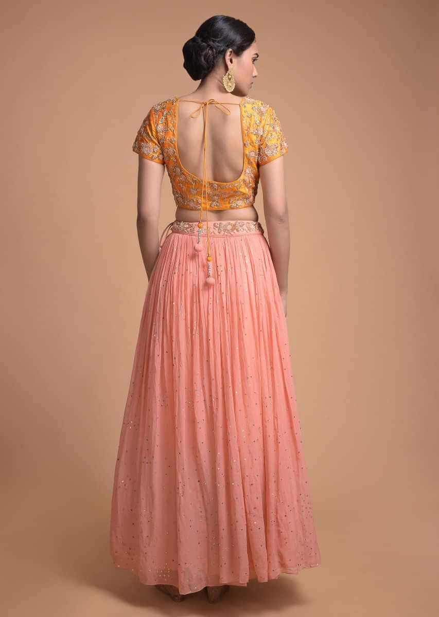 Soap Peach Lehenga And Mustard Choli With Floral Jaal Embroidery Online - Kalki Fashion