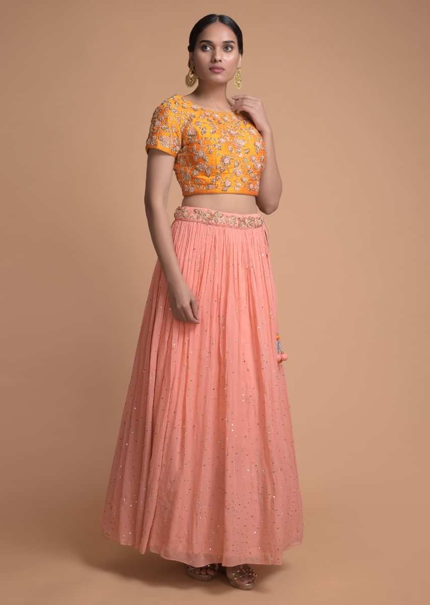 Soap Peach Lehenga And Mustard Choli With Floral Jaal Embroidery Online - Kalki Fashion
