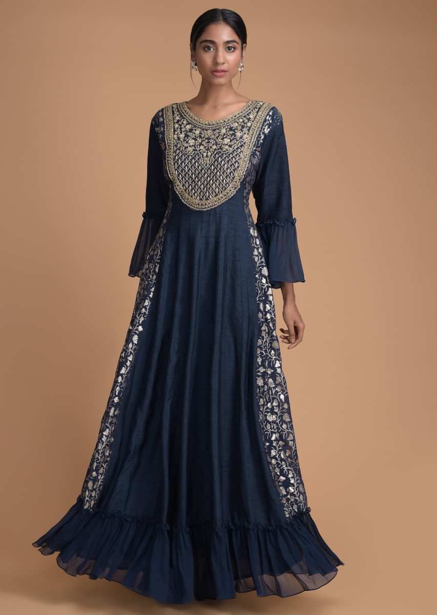 Buy Space Blue Anarkali Dress With Embroidered Bodice And Weaved Panels ...