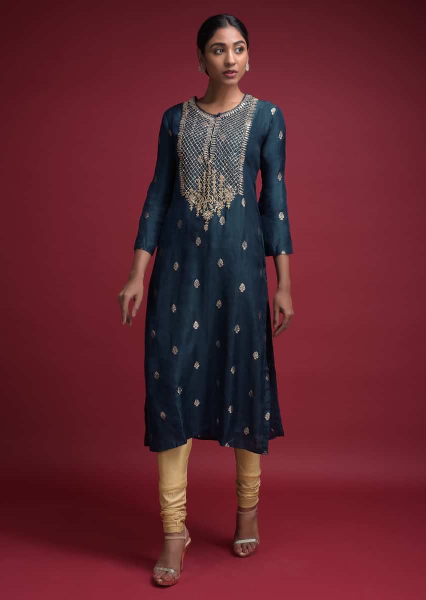 Buy Space Blue Kurti In Cotton Silk With Weaved Buttis And Gotta Patch ...