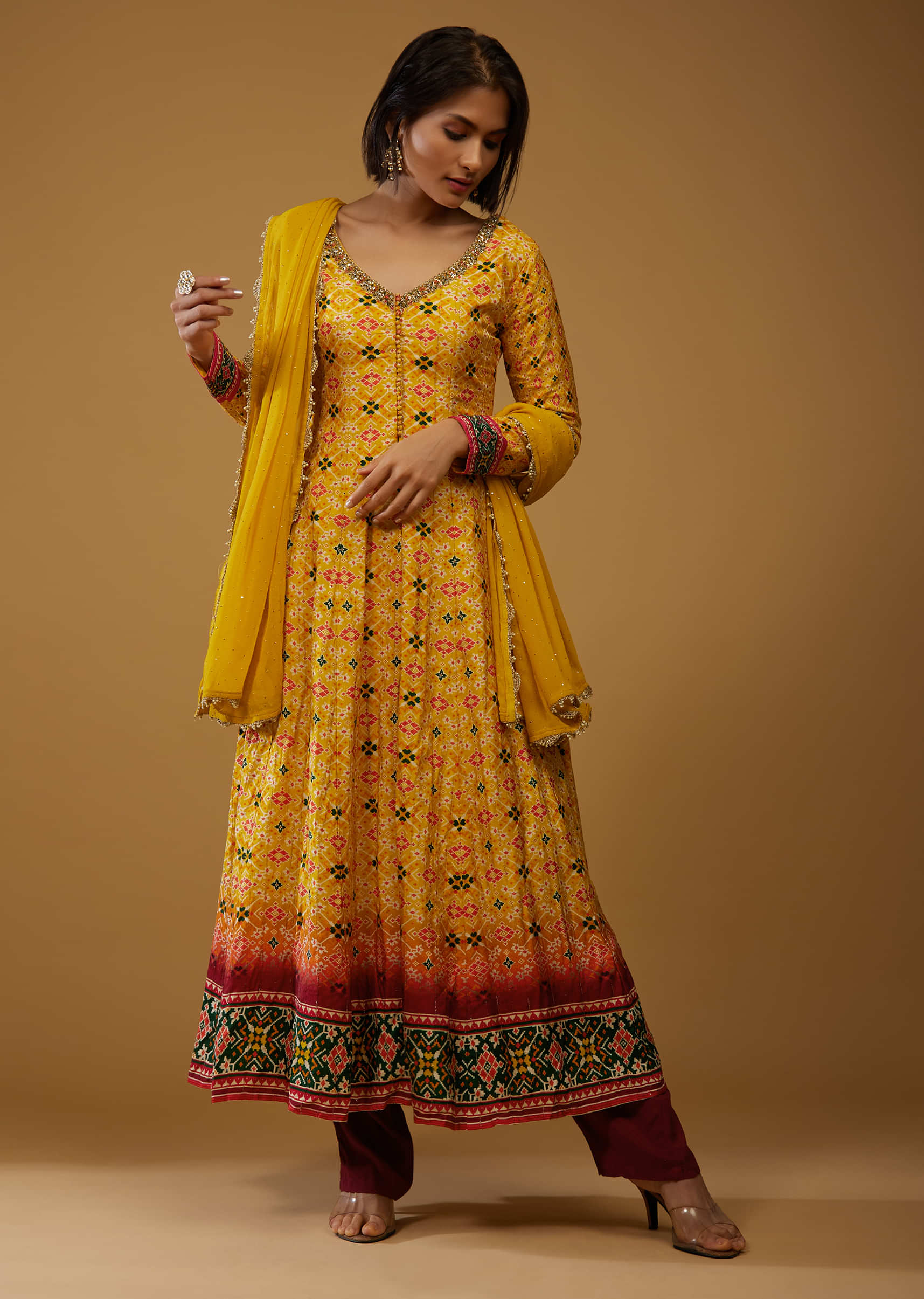 Canary Yellow Anarkali Suit With Bandhani Print And Embroidery