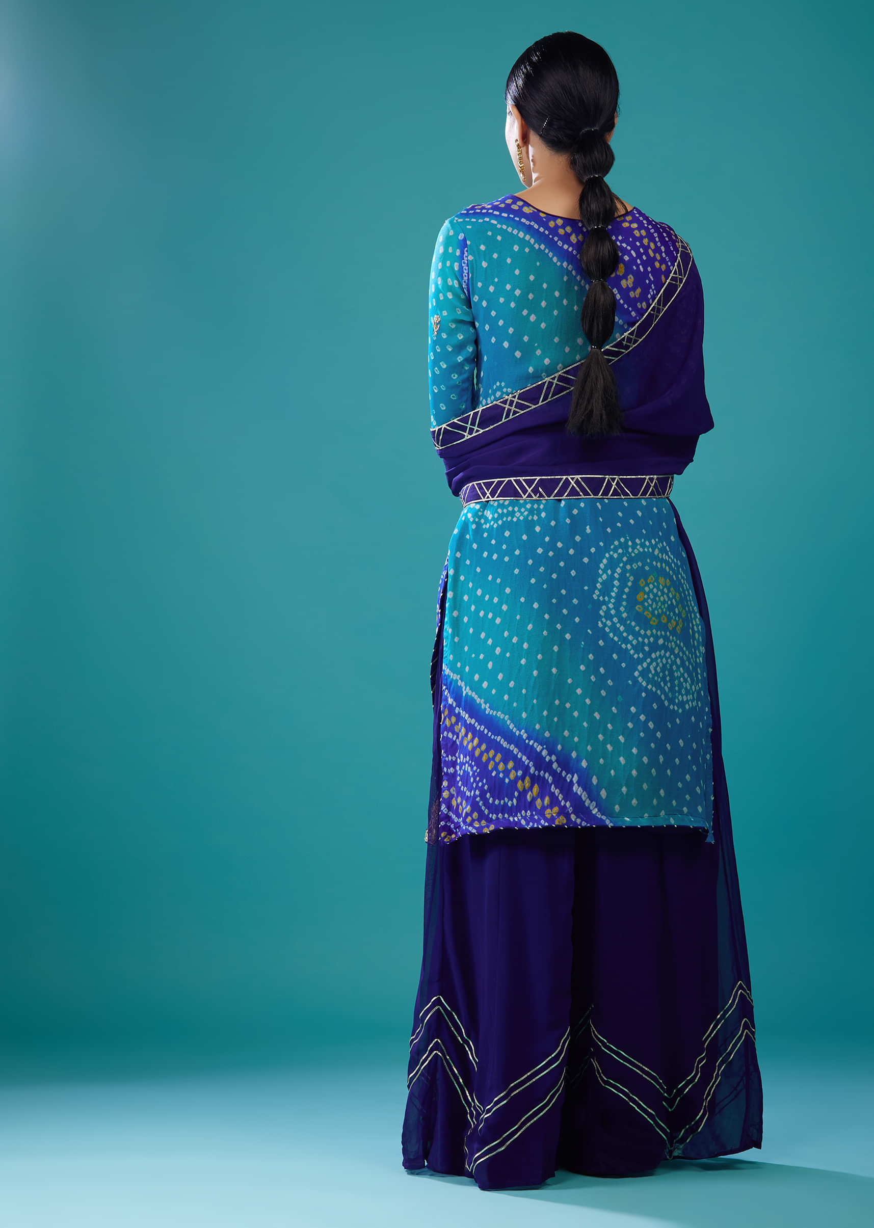 Indigo Blue Palazzo Set In Georgette With Embroidery In Bandhani Print