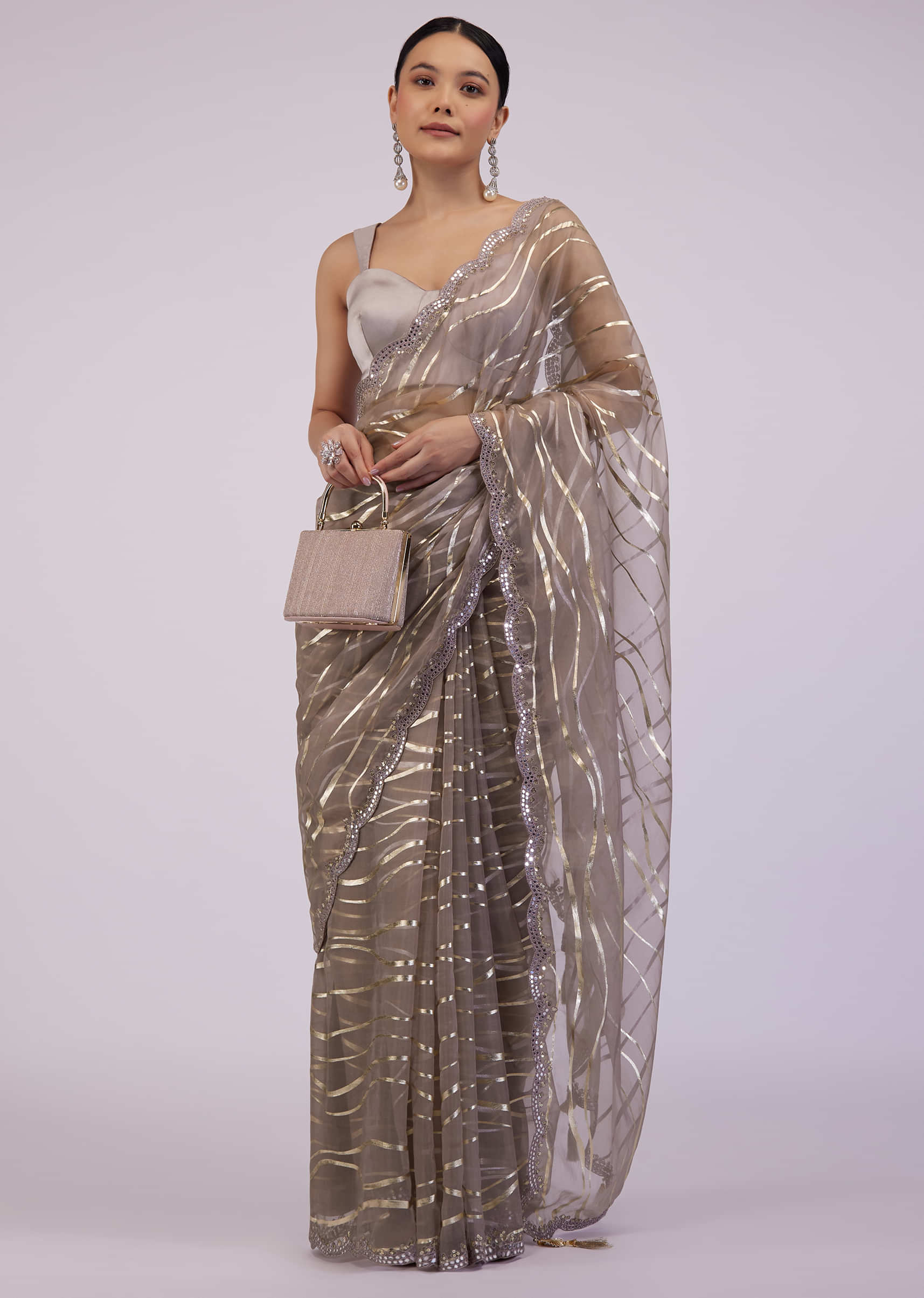 Mocha Brown Saree In Organza With Foil Print And Embroidery