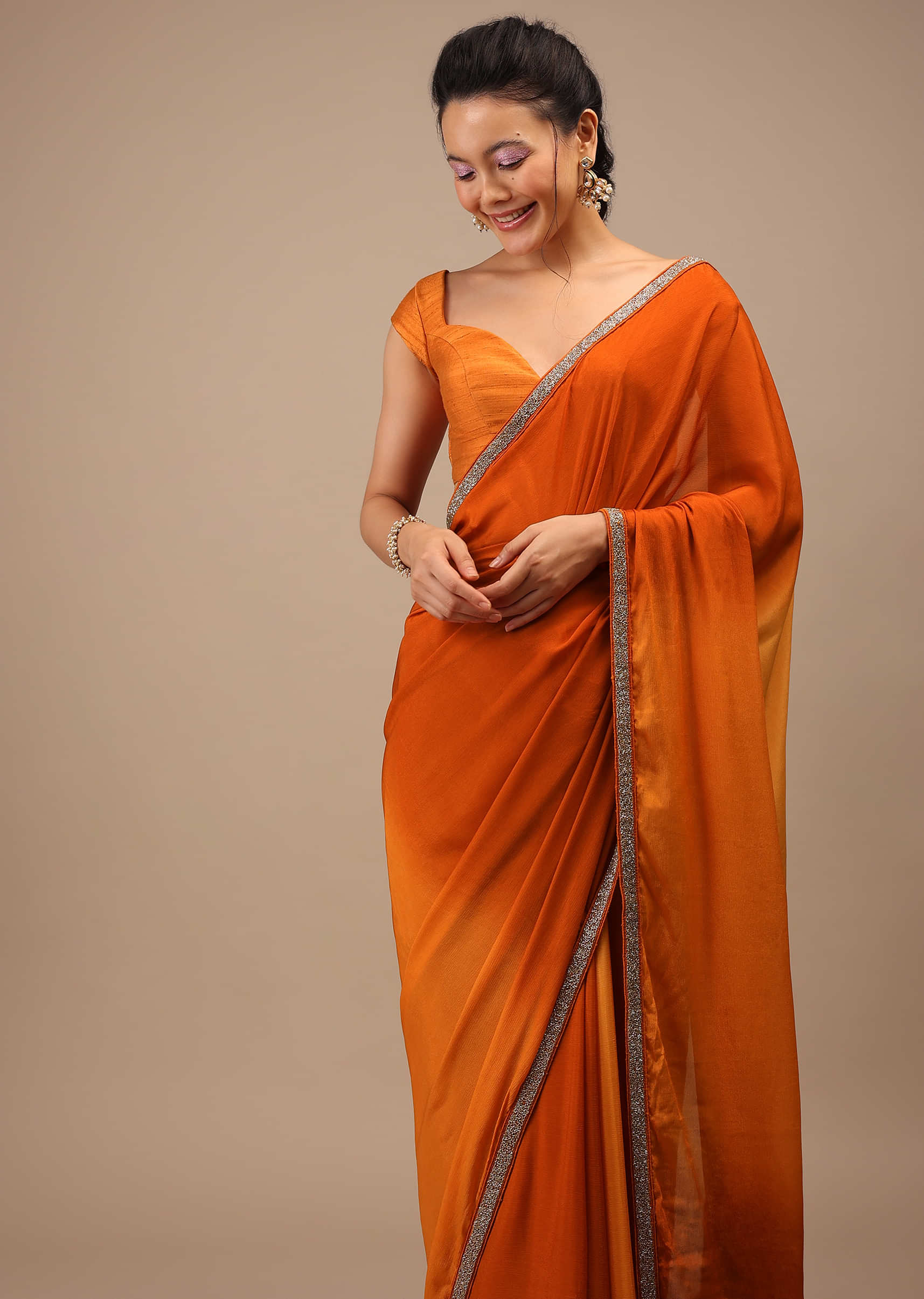 Spicy Orange Ombre Chiffon Saree With Buttis and Cut Dana Embroidery