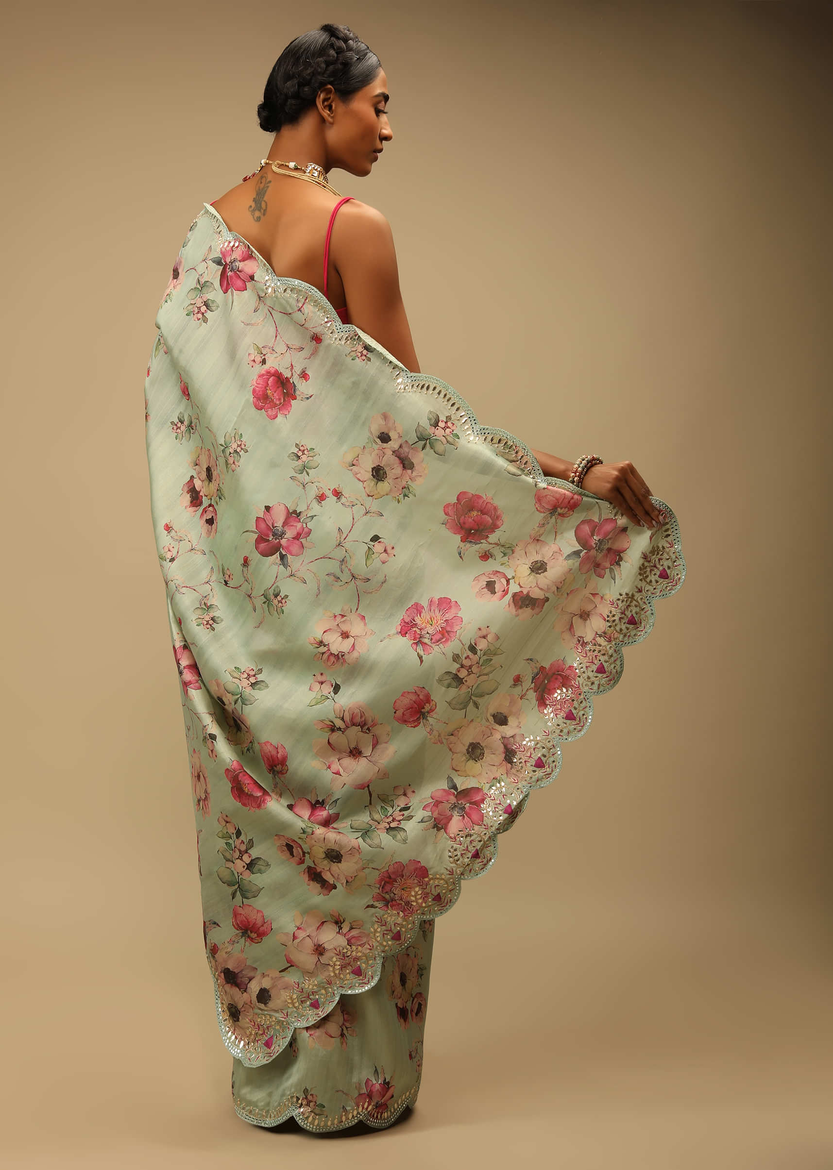 Aqua Green Tussar Silk Saree With Multi Shaded Flower Print And Must Boundary