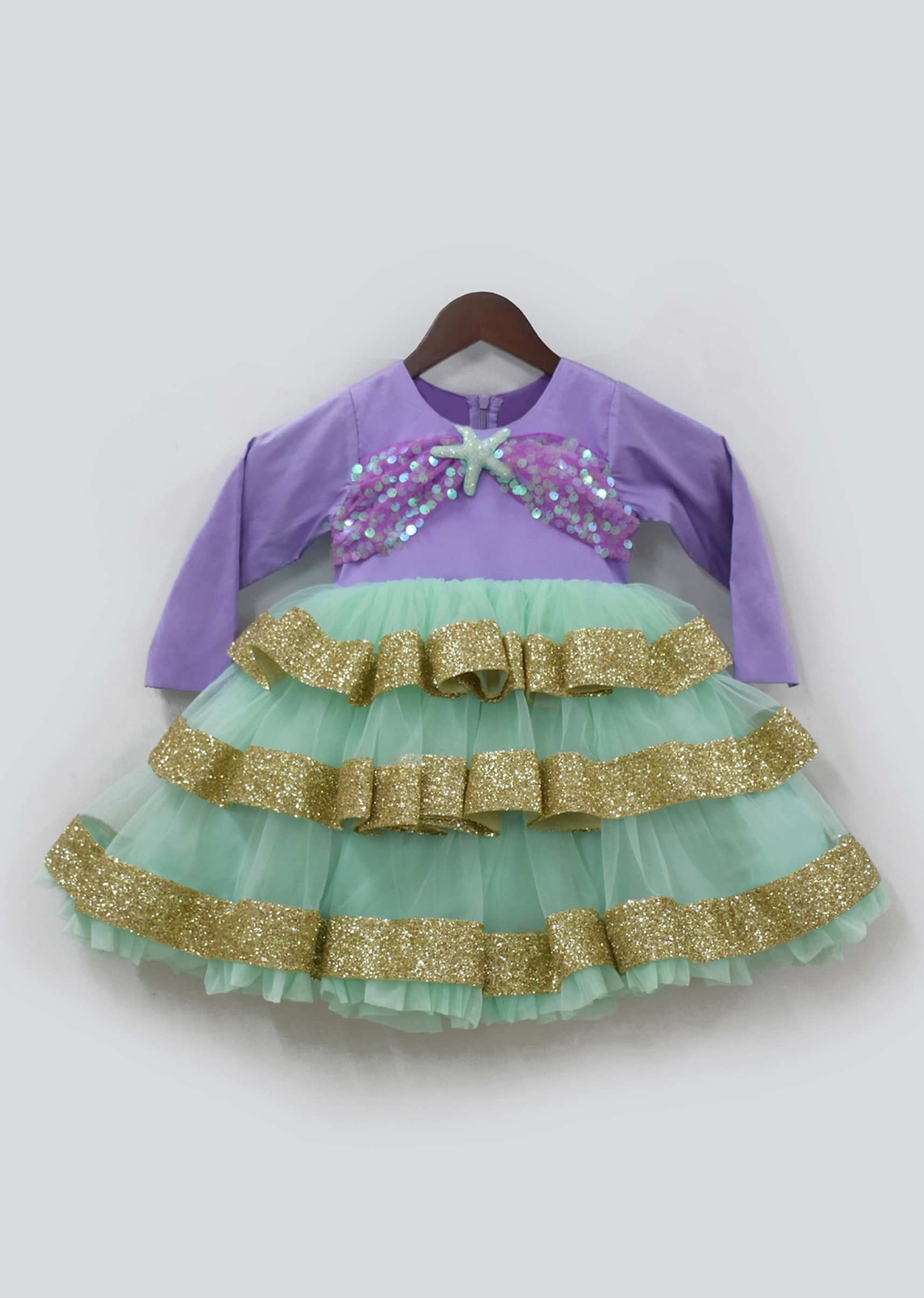 Kalki Girls Lilac and aqua green layered dress with sequins embroidery by fayon kids