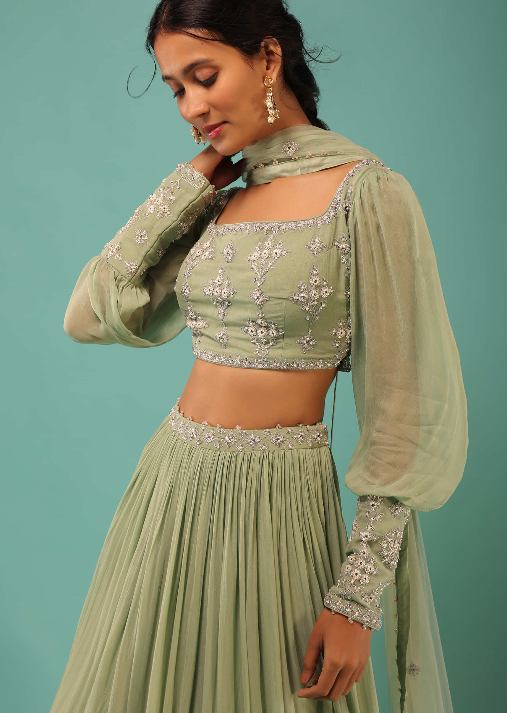 Buy Powder Green Layered Lehenga And Crop Top With Balloon Sleeves And ...