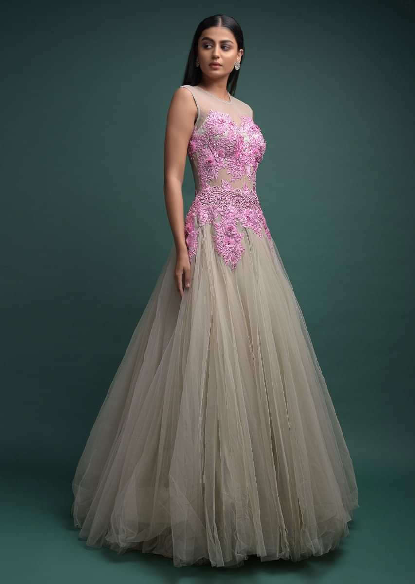 Off the Shoulder Sweetheart Grey Pink Lace and Flower Long Prom Dresses  PG773 – Pgmdress