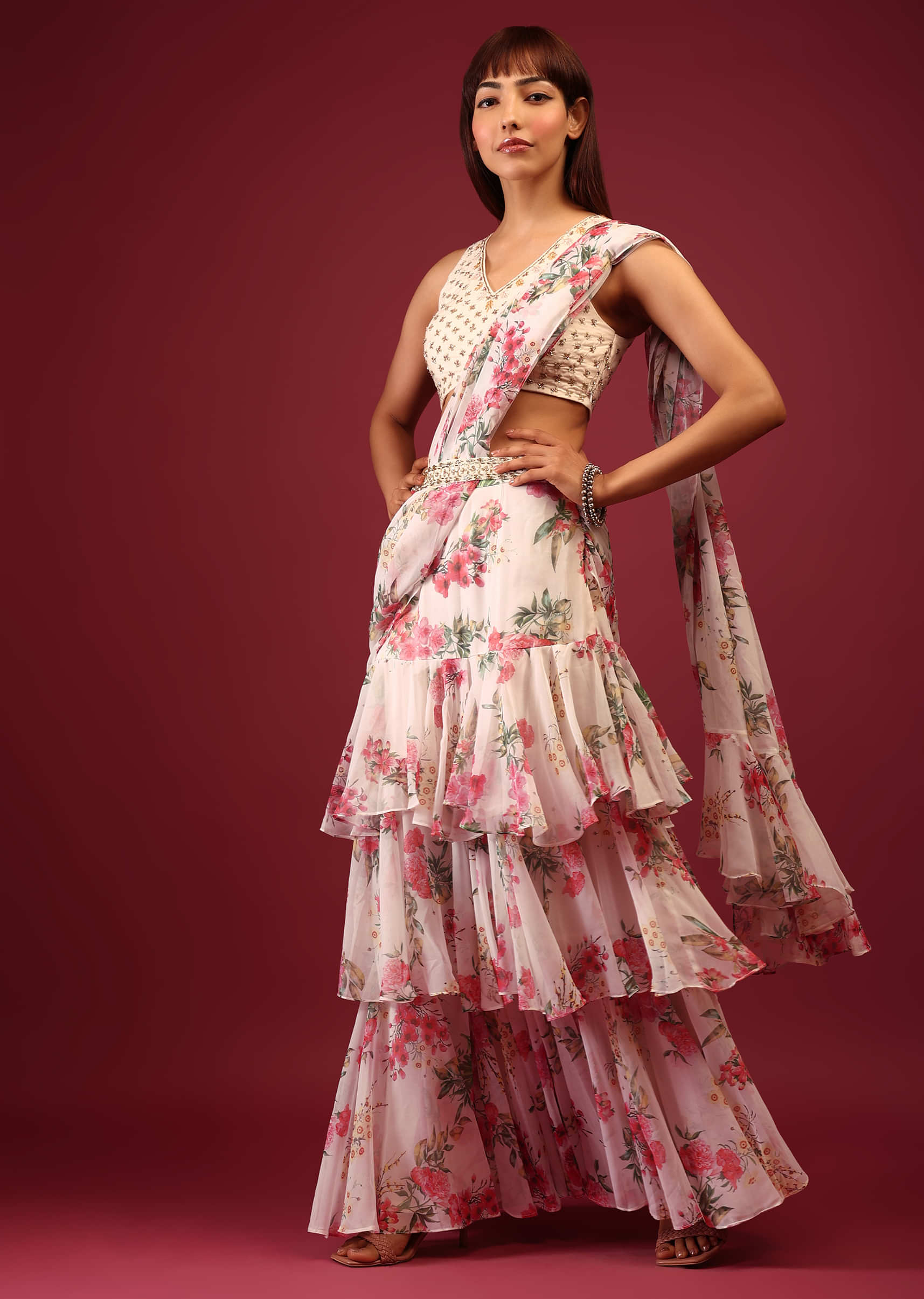 Star White Floral Print Pleated Lehenga Saree In Layered Frill Pattern With An Embellished Blouse