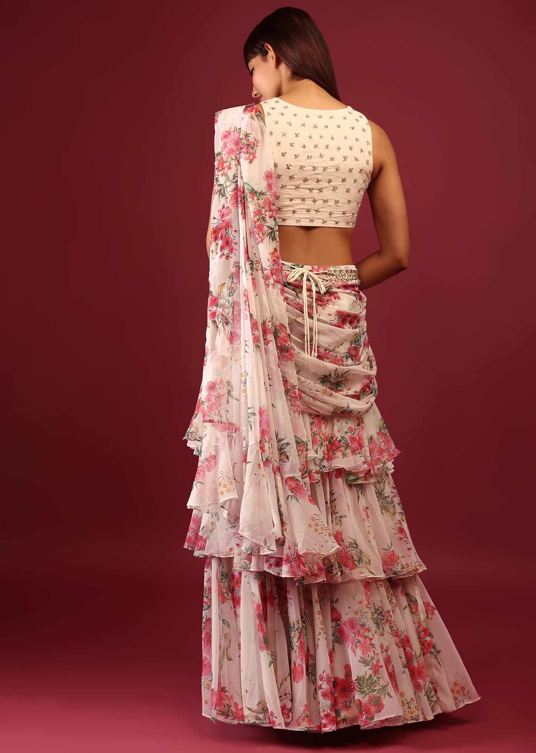 Daisy White Floral Print Pleated Lehenga Saree In Layered Frill Pattern With An Embellished Blouse