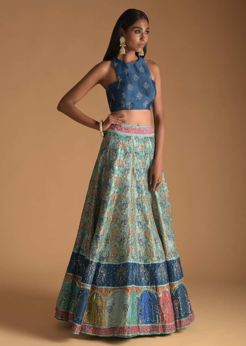 Buy Steel Blue And Admiral Blue Lehenga Choli With Floral Print And Cut ...