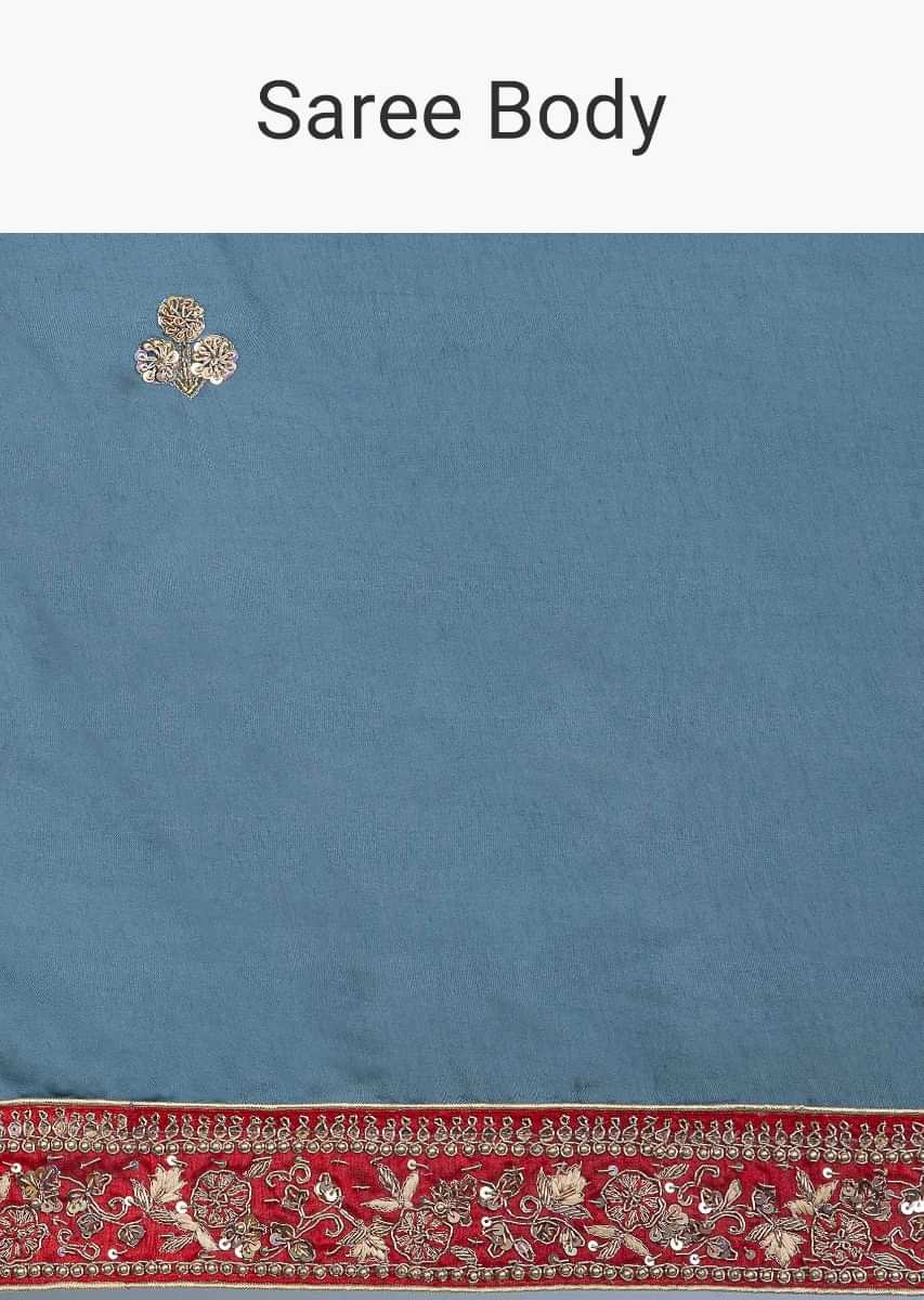 Steel blue cotton silk blue saree with embroidered butti and border only on Kalki
