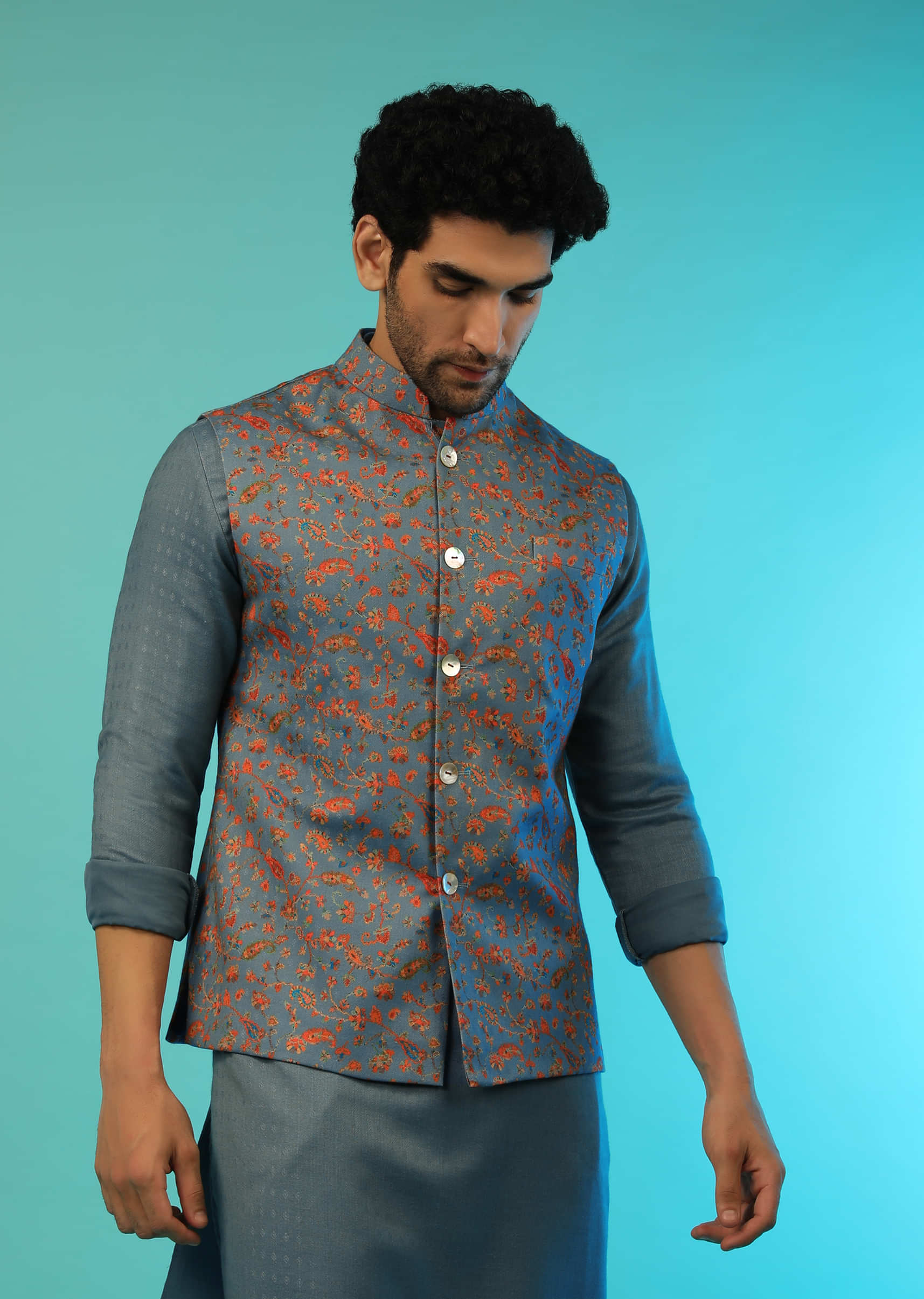 Steel Blue Nehru Jacket Set In Suiting Fabric With Pasiley Printed Jaal  