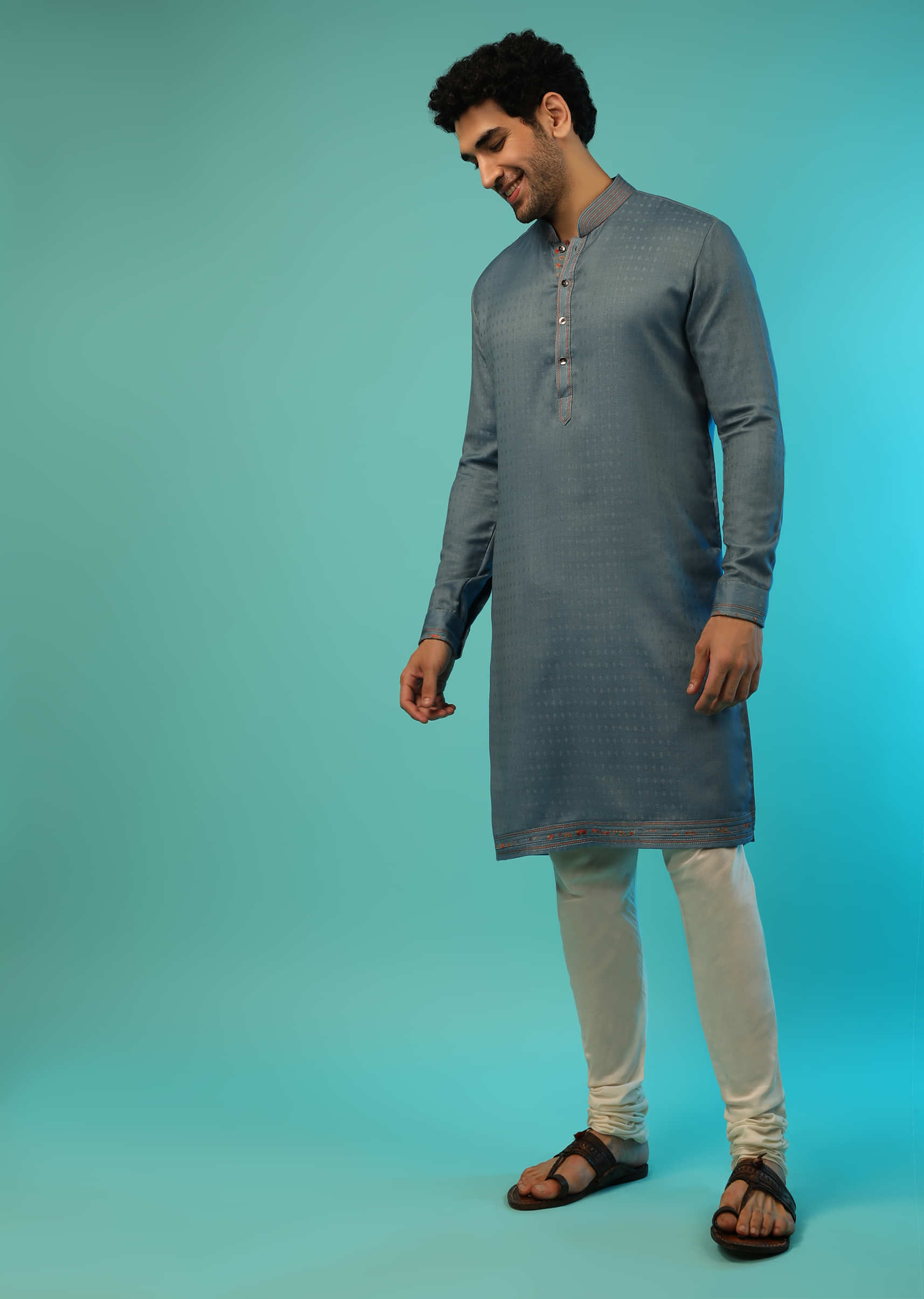 Steel Blue Nehru Jacket Set In Suiting Fabric With Pasiley Printed Jaal  