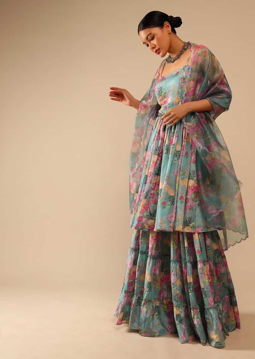 Steel Blue Sharara Suit In Crepe With Peplum Flared Kurti Adorned In Floral Print All Over  