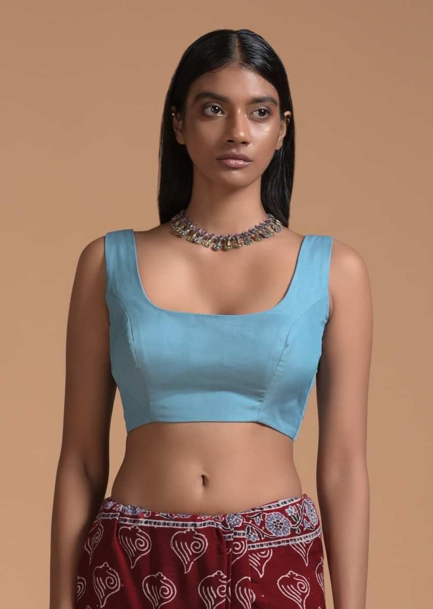 Steel Blue Sleeveless Blouse In Silk Blend With Scooped Neckline