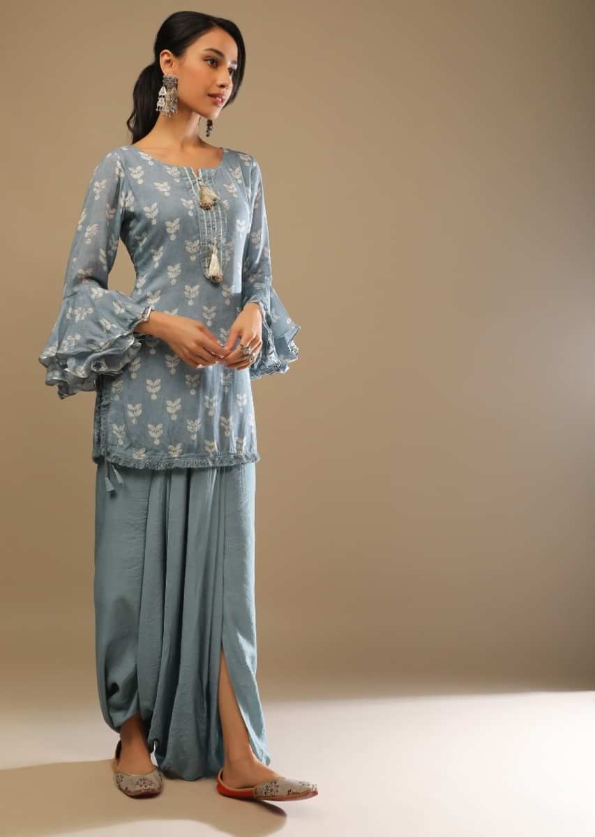 Steel Blue Dhoti And Kurta Set In Cotton Silk With Batik Print In Leaf Motifs And Flared Sleeves 