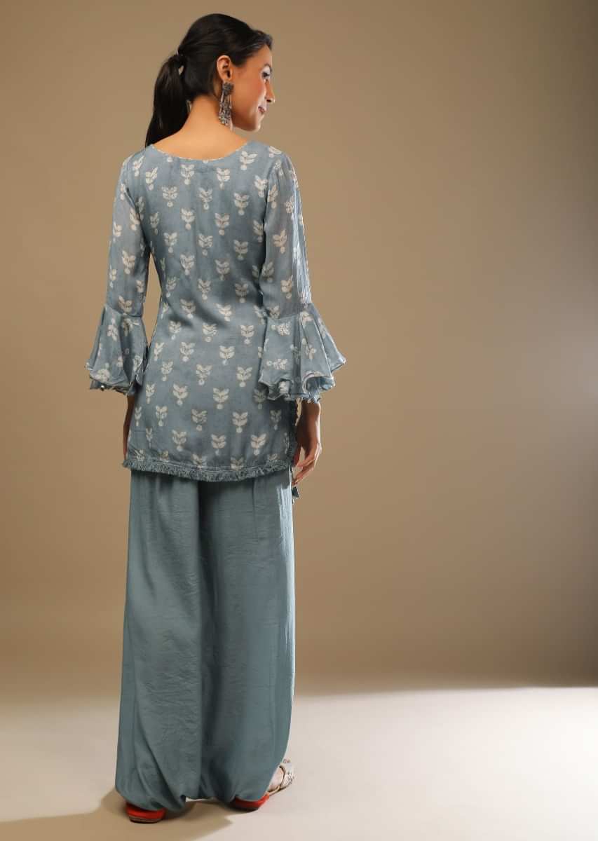 Steel Blue Dhoti And Kurta Set In Cotton Silk With Batik Print In Leaf Motifs And Flared Sleeves 