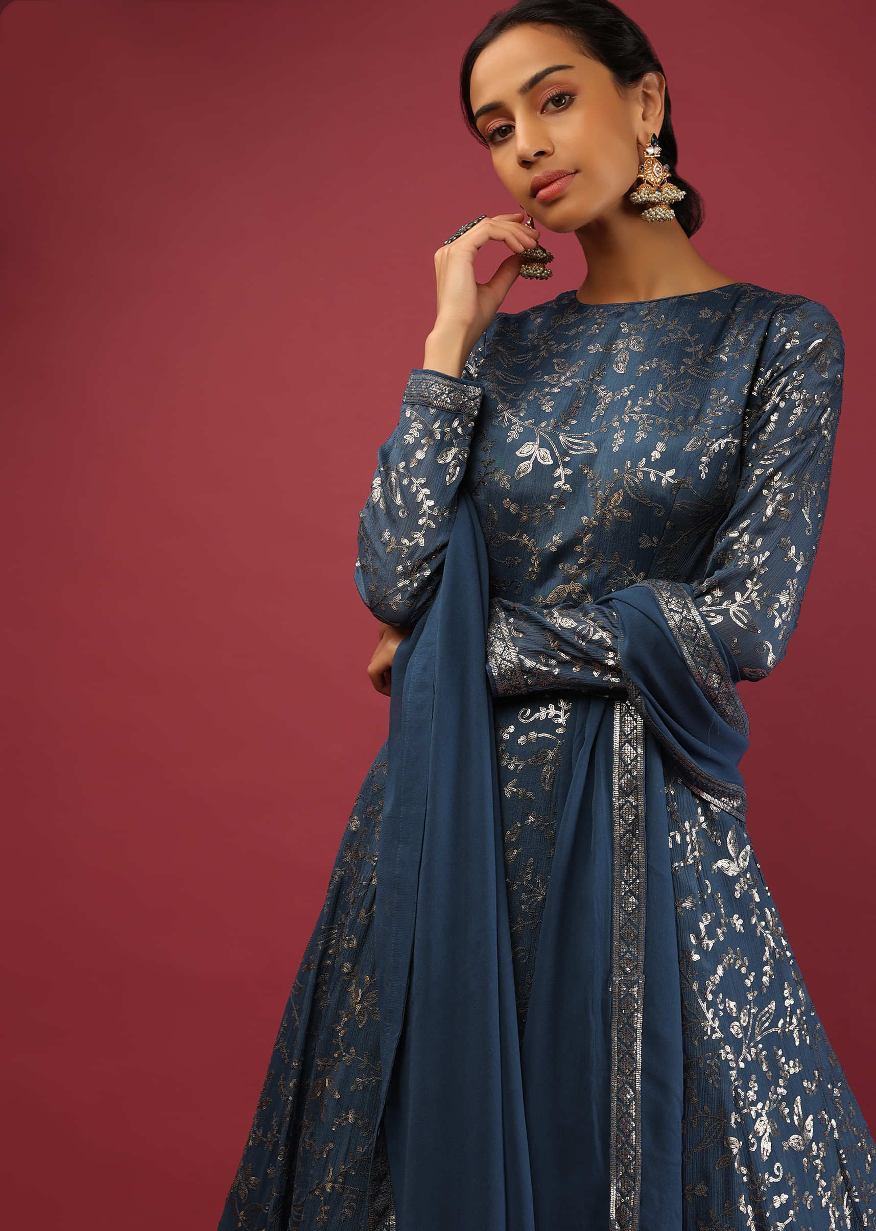 Stellar Blue Anarkali Suit In Chiffon With Sequins Embroidered Floral Jaal  