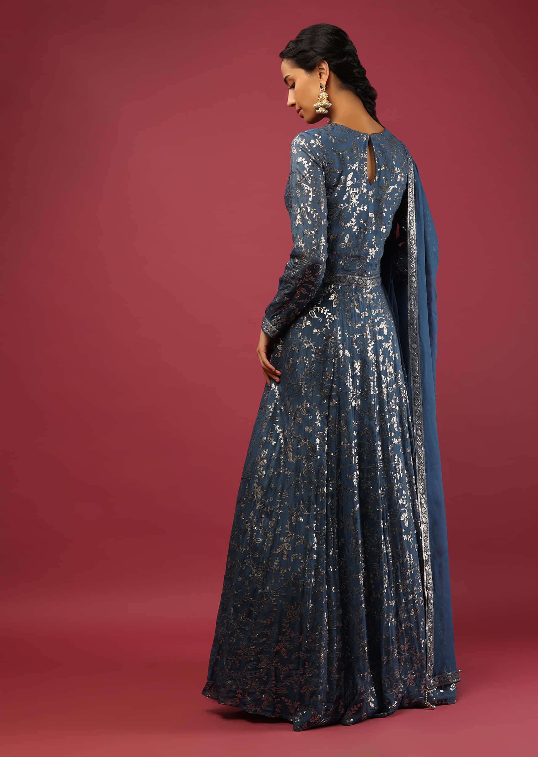 Stellar Blue Anarkali Suit In Chiffon With Sequins Embroidered Floral Jaal  