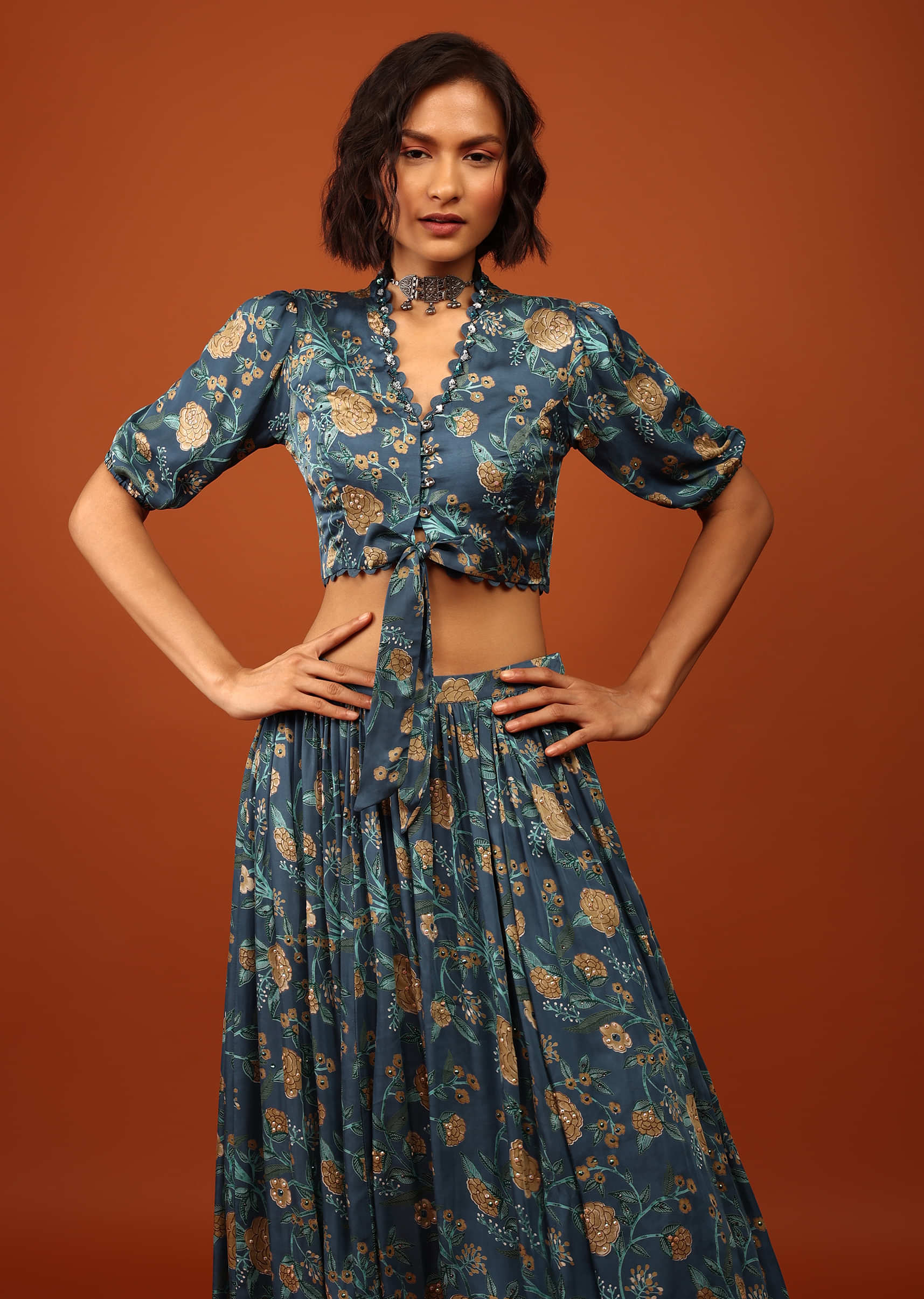 Sea Blue Blouse And Lehenga In V Neckline & Balloon Sleeves With Embellishment
